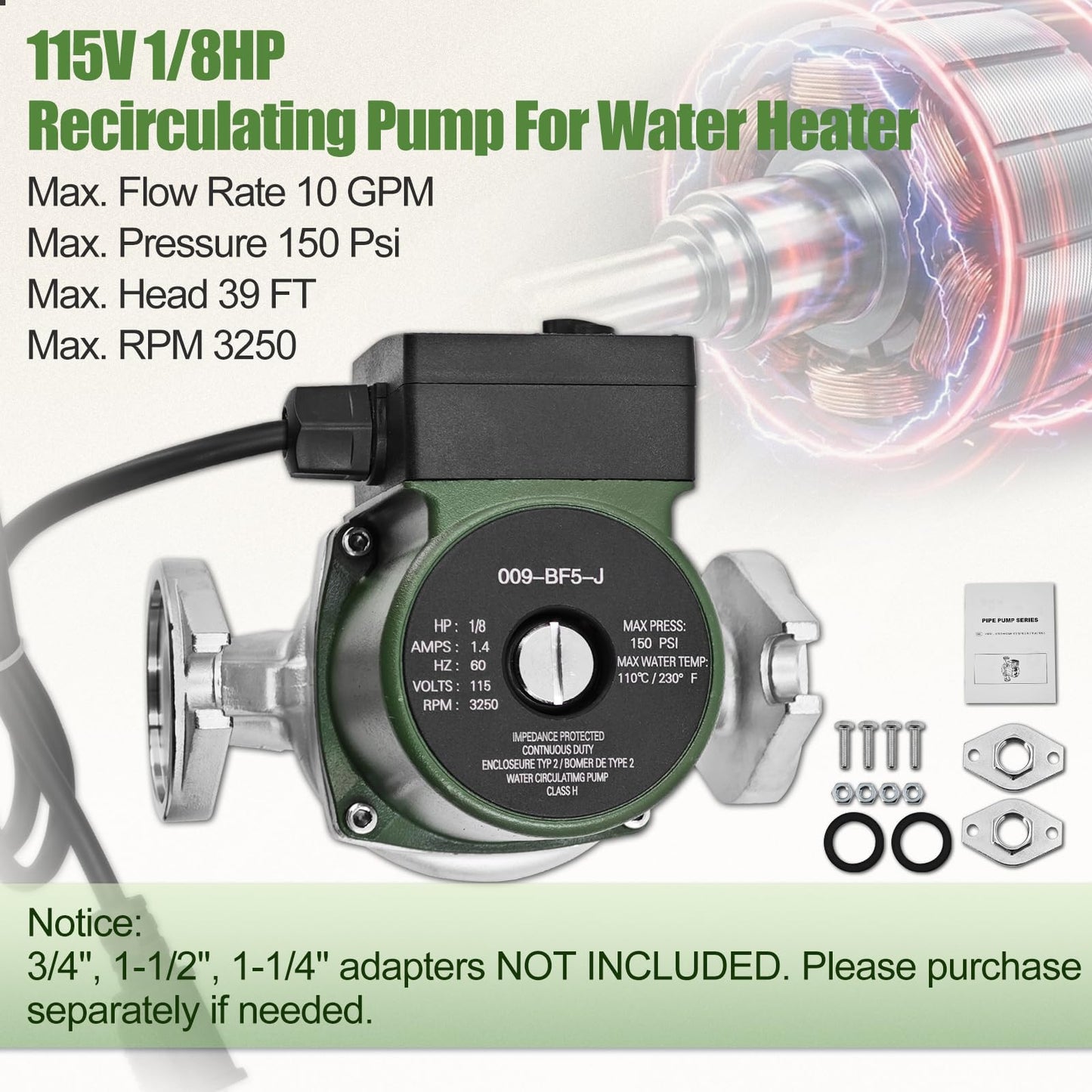 009-BF5-J 1/8HP 115V Stainless Steel Cartridge Circulator Pump Replacement for Taco 009-F5 High Velocity Water Circulating Pump 150PSI 10GPM Single Phase