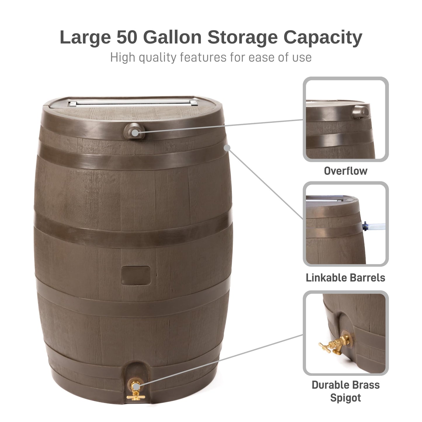 RTS Home Accents 50-Gallon Rain Barrel with Brass Spigot, Flat Back Rain Water Collection Barrel, Walnut Color