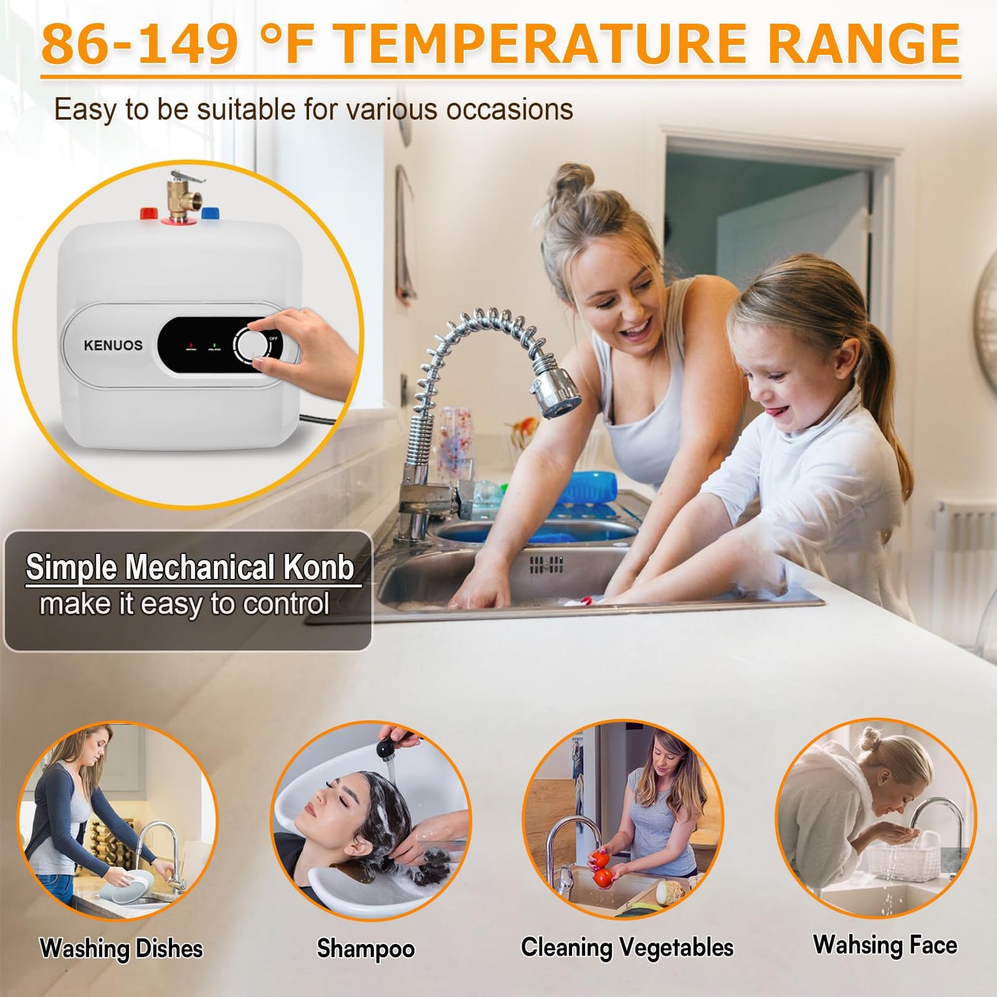 KENUOS 4 Gallon Water Heater Under Sink Instant Hot Water Heaters 1500W 110V 120V Mini Tank,Under Counter Water Heater with Safety Vavle 1/2" NPT for Kitchen,Bathroom,Camper,RV,White