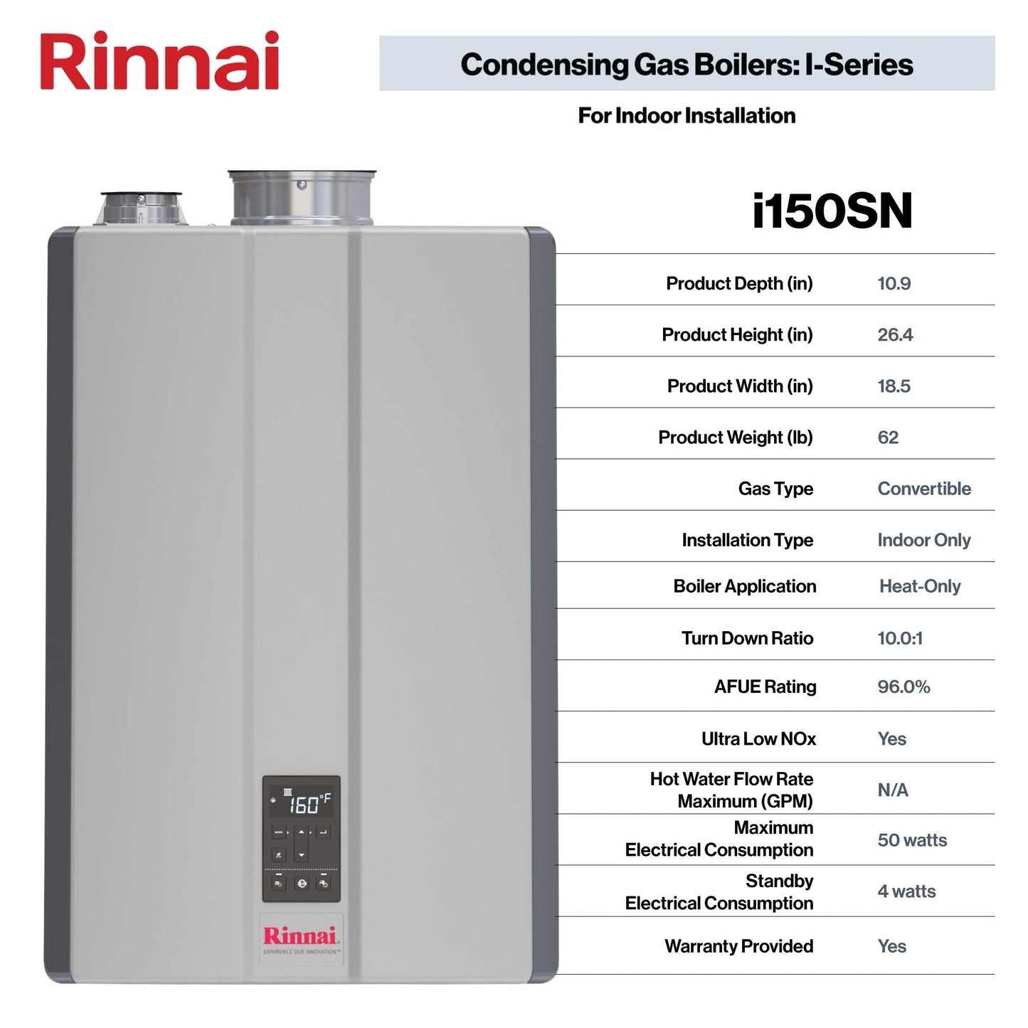 Rinnai i150SN Condensing Gas Boiler, Whole Home Natural Gas Heater with Space-Saving Design and Smart Features, (150K BTU)