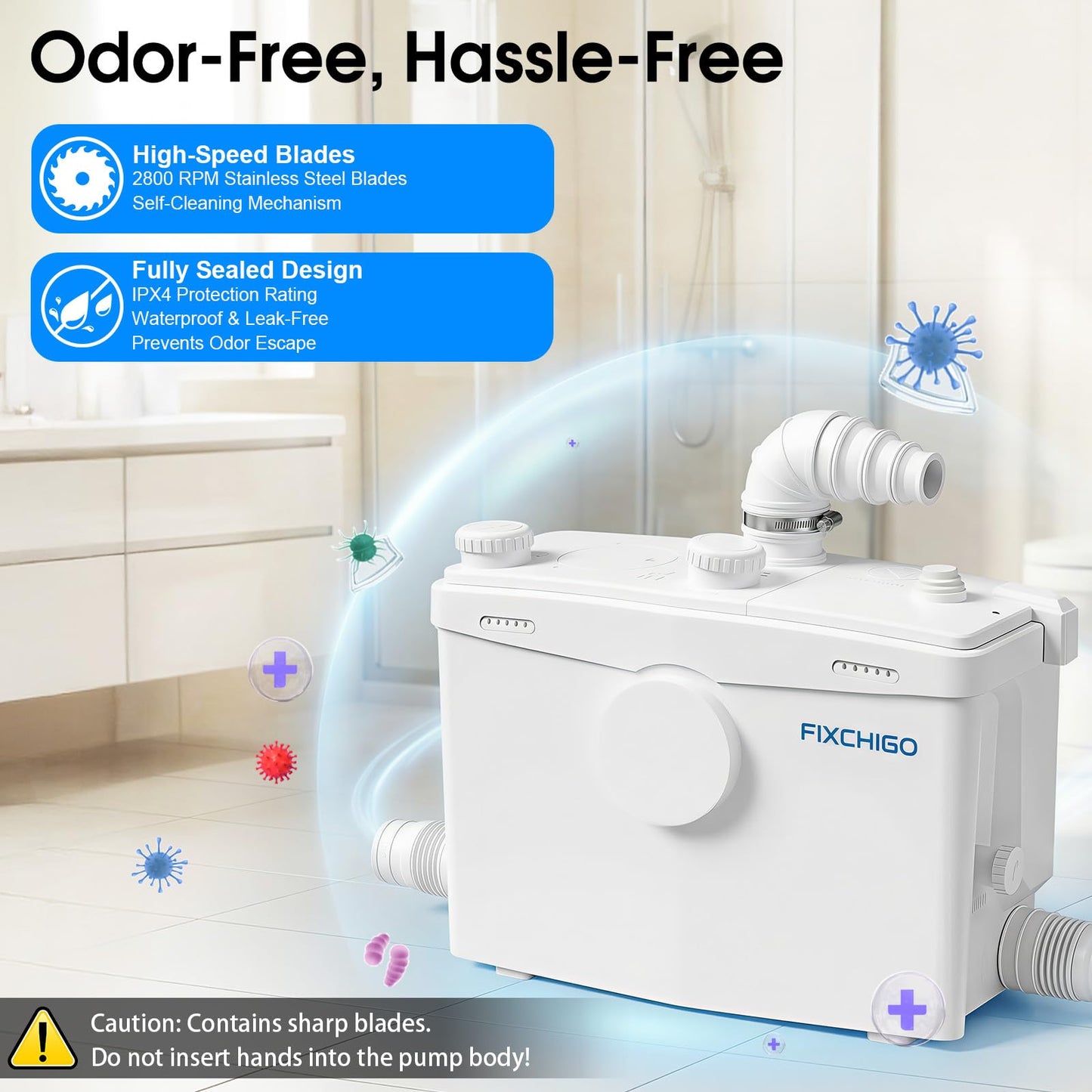 FIXCHIGO 1500W Macerator Pump, Macerating Toilet System with 4 Inlets/2 Outlets, 48 GPM Flow, 42.7 FT Head, PCB Smart Control Sewage Pump for Basement, Sink, Toilet, Laundry, Kitchen