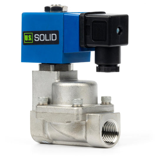 U.S. Solid 1/2" High Pressure Solenoid Valve, 24V DC, Stainless Steel, 100 bar, -76°F to 248°F – Heat-Resistant, High-Pressure Valve for Industrial Use, Water, Gas, Oil and Fluid Control
