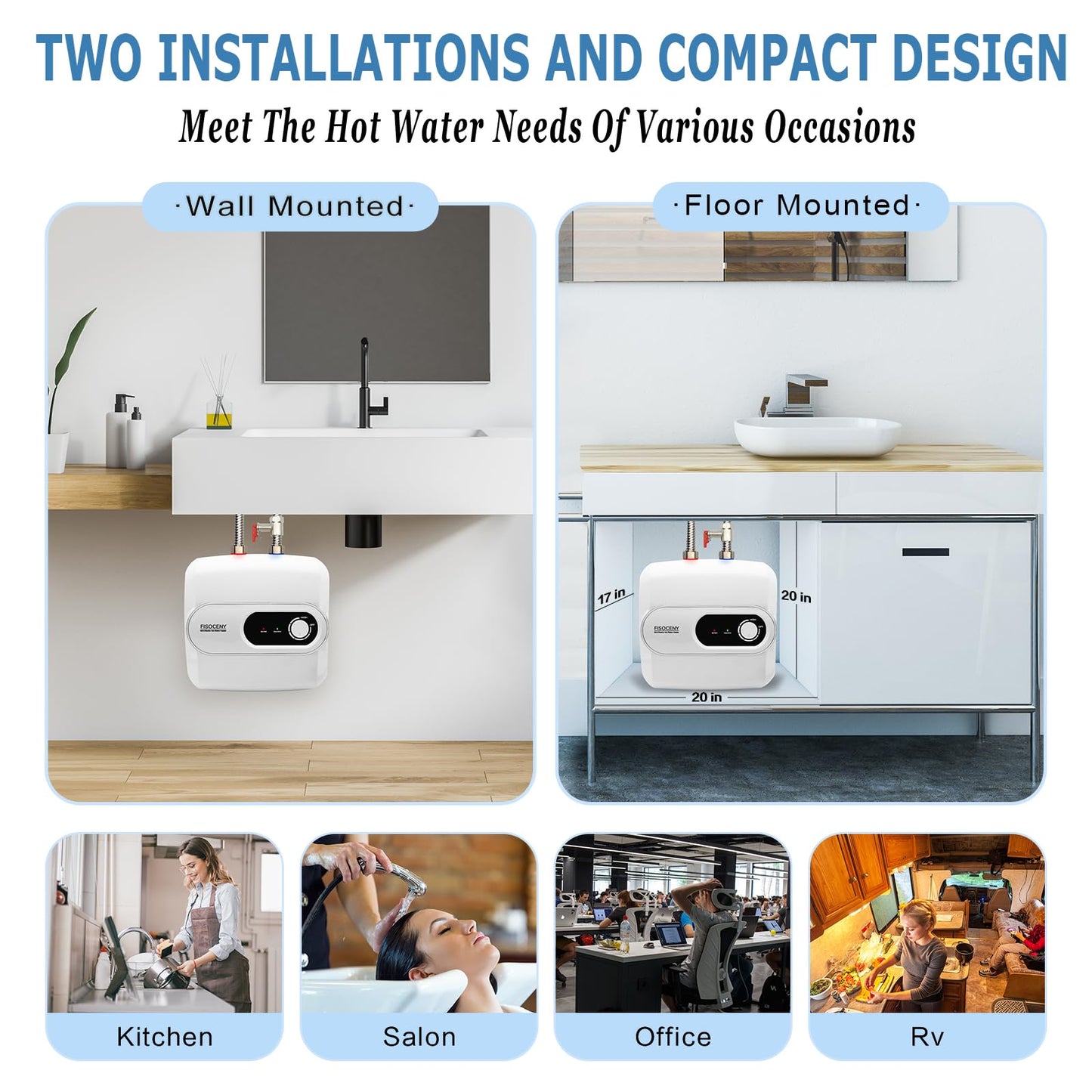 Fisoceny 4 Gallon Tank Water Heater Under Sink Instant Hot Water 1500w 120V,Kitchen Under Counter RV Small Hot Water Heater with Release Valve 3-Way Diverter Vavle,1/2" NPT White