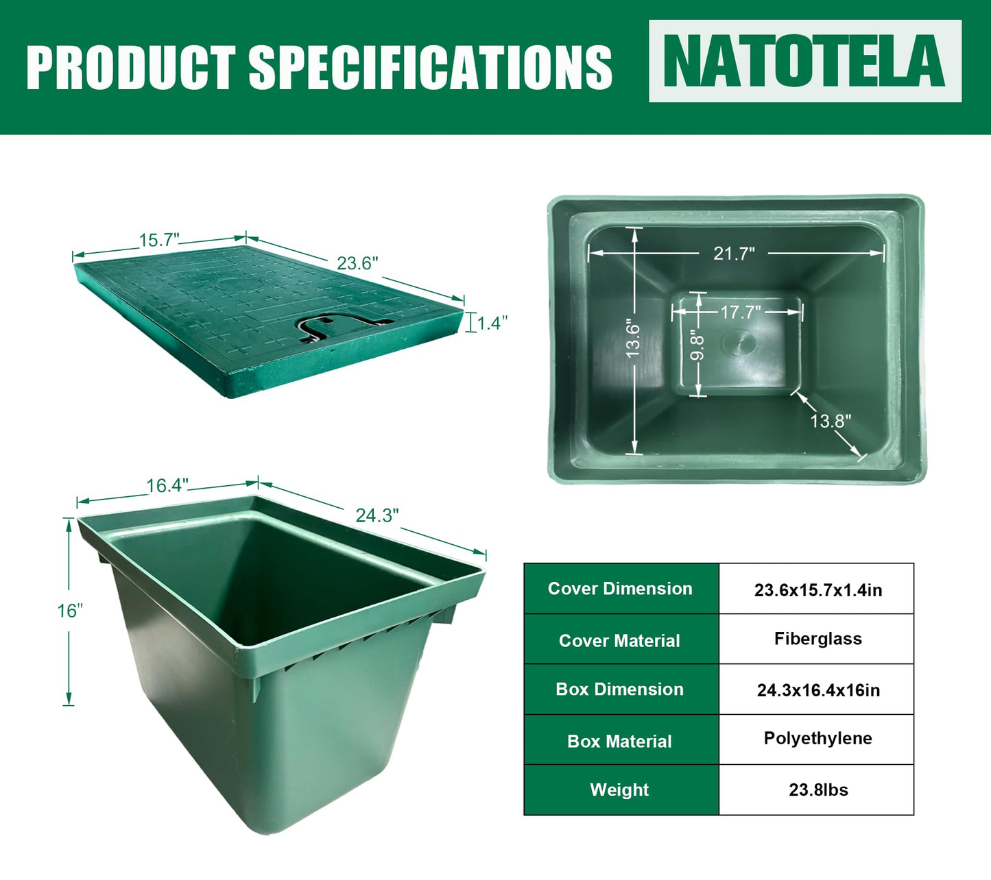 Natotela 24x16x16in Underground Splice Boxes W/Solid Handle Inspection Cover Deep Enclosure Plastic Precast Pull Distribution Pit Access Electrical Junction Boxes Drillable Tapered Wiring Cable Box