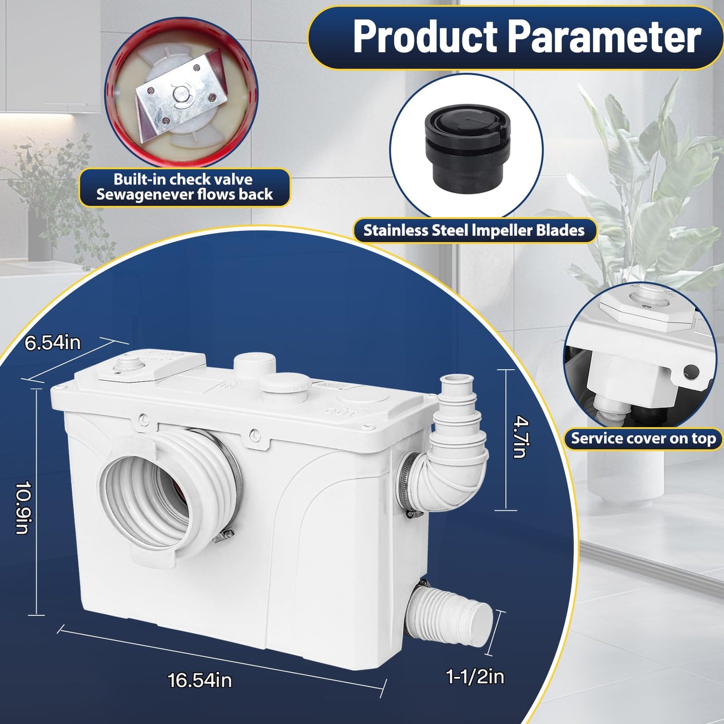 Macerator Pump for Basement Sewage System, Upflush Toilet Waste Water Macerator Pump with 4 Inlets, Quiet Grinder Pump for RV Marine Sink Shower Laundry Disposal