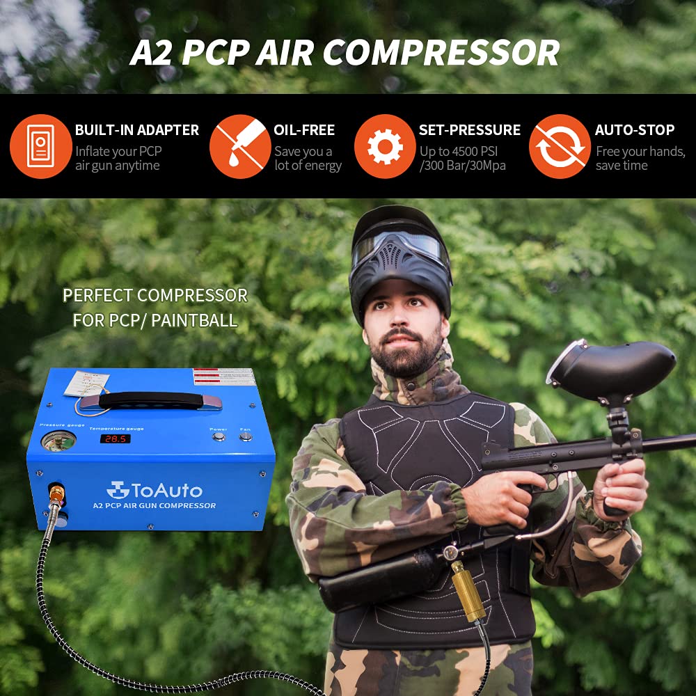 TOAUTO A2 PCP Air Compressor, Auto-Stop, Portable 4500Psi/30Mpa, Oil/Water-Free, 8MM Quick-Connector HPA Compressor for Paintball/PCP Air Rifle/Scuba Tank, Powered by Home 110V AC or 12V Car DC（Blue）