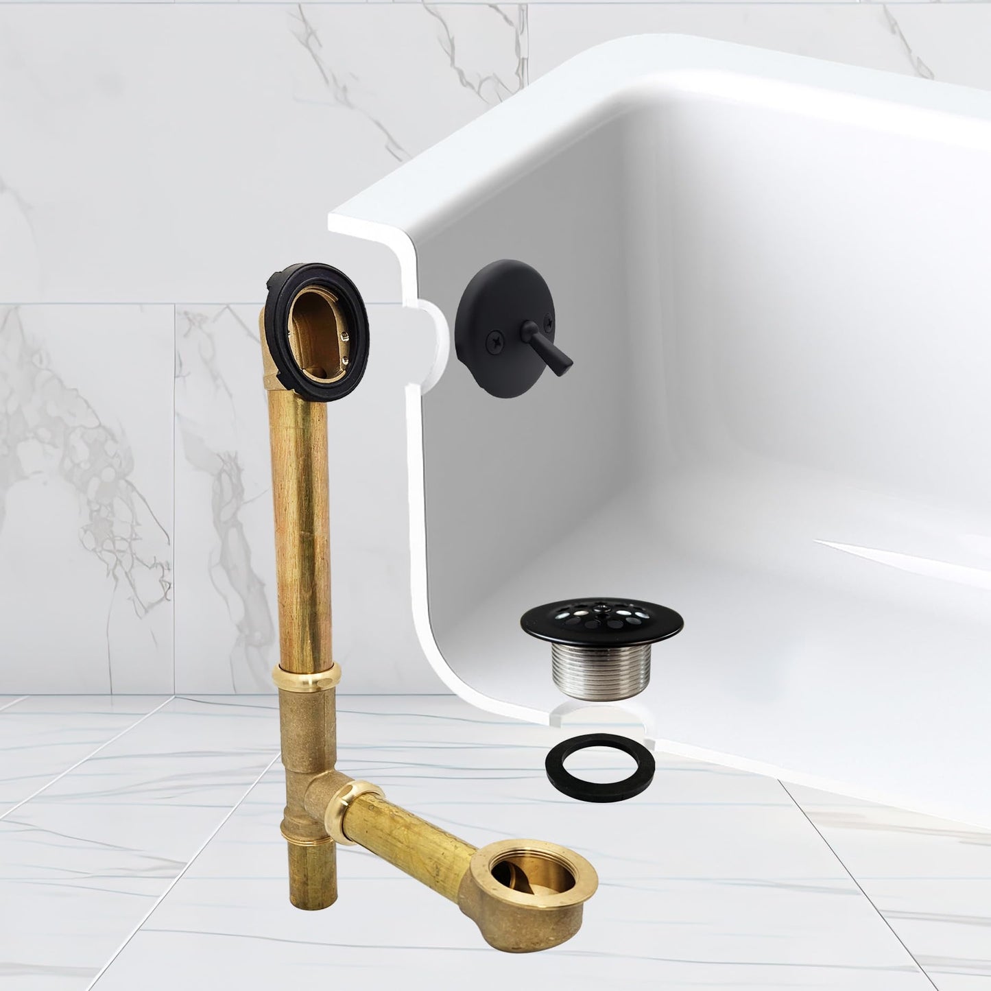 Westbrass A323-62 14" Bath Waste & Overflow Assembly with Trip Lever and Beehive Strainer Grid Drain, Matte Black