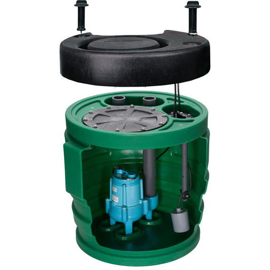 Little Giant 9JF2V2D Pit Plus JR Sewage Basin System with 115-Volt, 4/10 HP, 6000 GPH 9SC-CIM Sewage Pump, Float Switch with 20-Ft. Cord, 2-inch Vent, 2-inch Discharge, Green/Blue/Black, 509673
