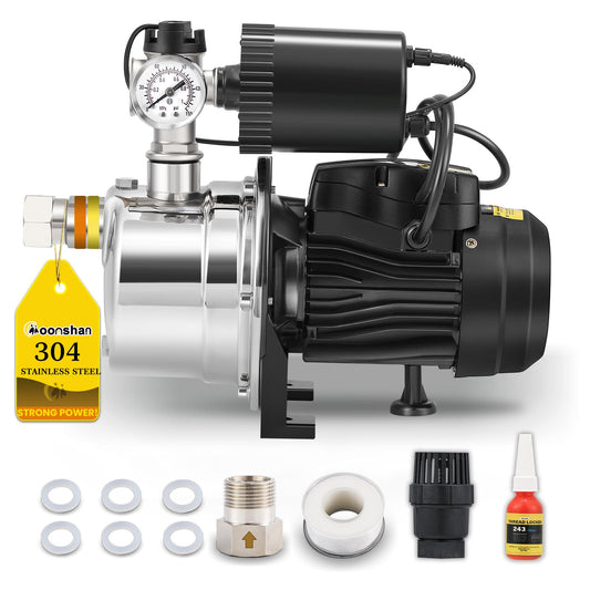 Moonshan 3/4 HP Shallow Well Booster Pump with Pressure Tank 1050GPH Auto ON/OFF Water Pressure Booster Self-Priming Stainless Steel Automatic Booster System for Whole House, Garden, Lawn