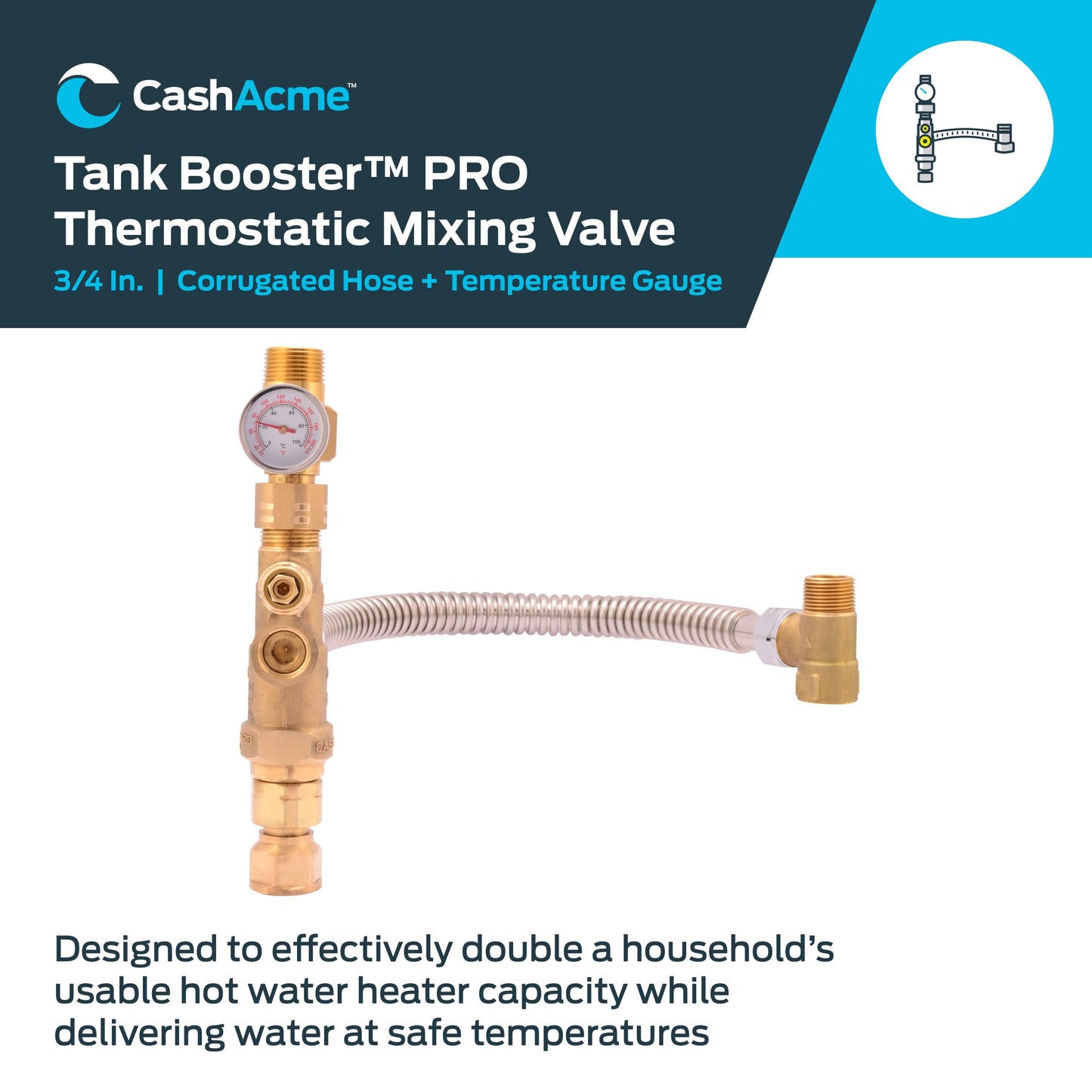 Cash Acme 3/4 Inch Tank Booster Water Heater Thermostatic Mixing Valve with Temperature Gauge and Corrugated Hose, PEX Pipe, PE-RT, CPVC, Copper, 24643