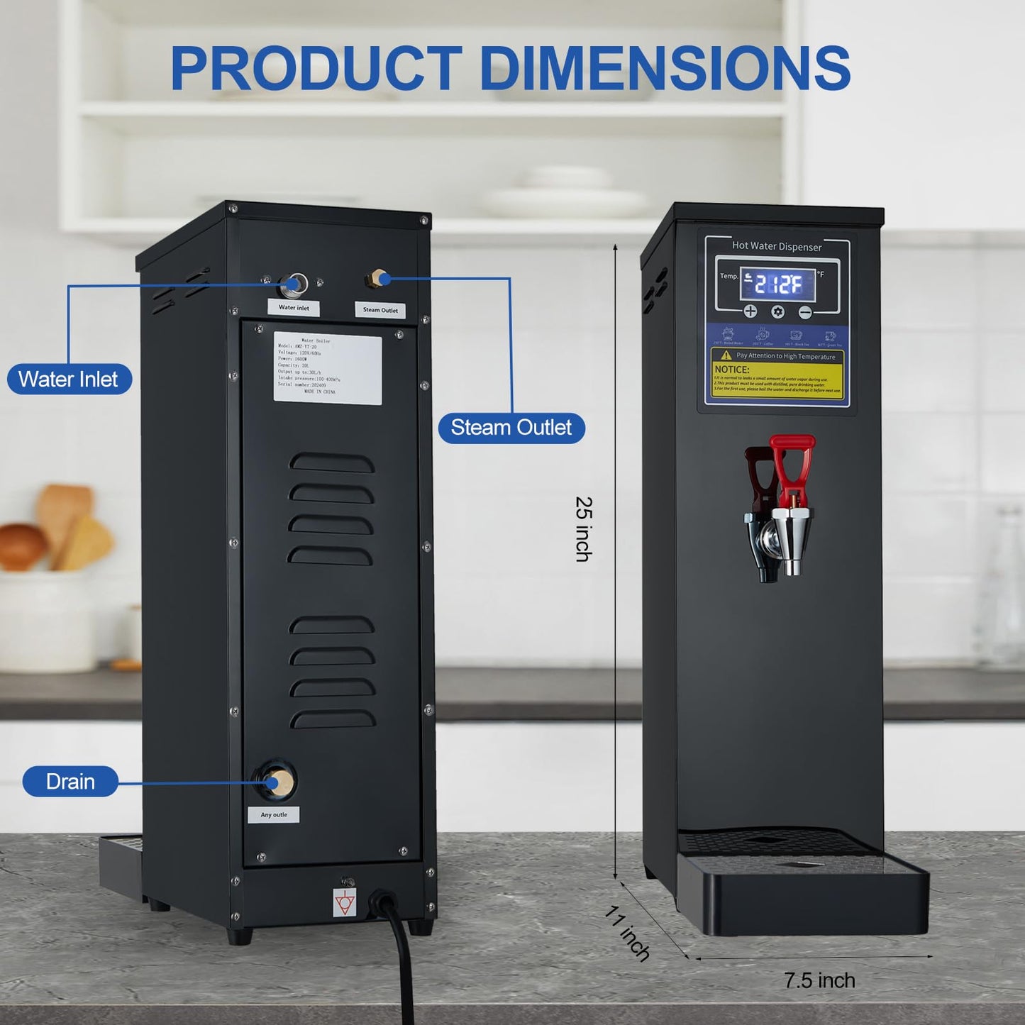 Commercial Hot Water Dispenser Commercial Water Boiler Electric Countertop Hot Water Machine Black 30L(8GAL)/Hour Step-heating Temperature Control 86-212°F for Boba Tea Coffee Office Restaurant 1600W