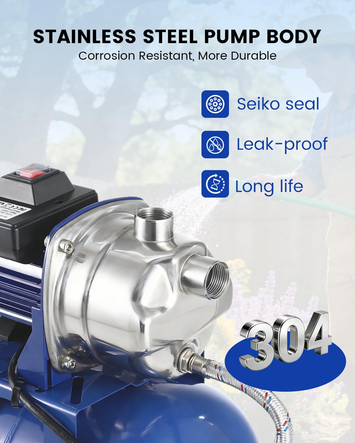 1.6HP Stainless Steel Shallow Well Pump with Pressure Tank - Up to 1320 GPH, 115V, 164FT, Automatic Water Booster Jet Pump for Home, Farm, Garden, Yard (Blue)