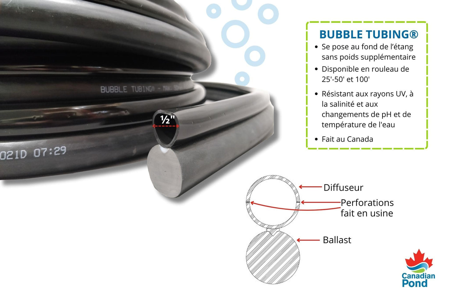 Bubble Tubing (½ in) – Fine bubble self-sinking diffuser airline for pond & water garden aeration | High oxygen transfer, aerates and de-ices ponds, easy installation (100')