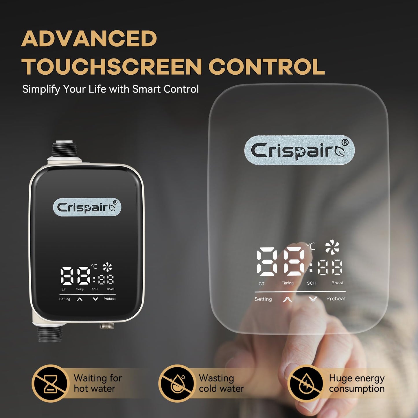 Crispaire Digital Smart Instant Hot Water Recirculating Pump Kit - Touch Screen Control, Under Sink Installation, 20" PEX Supply Line for Potable Water, Complete All-in-One Plumbing Solution