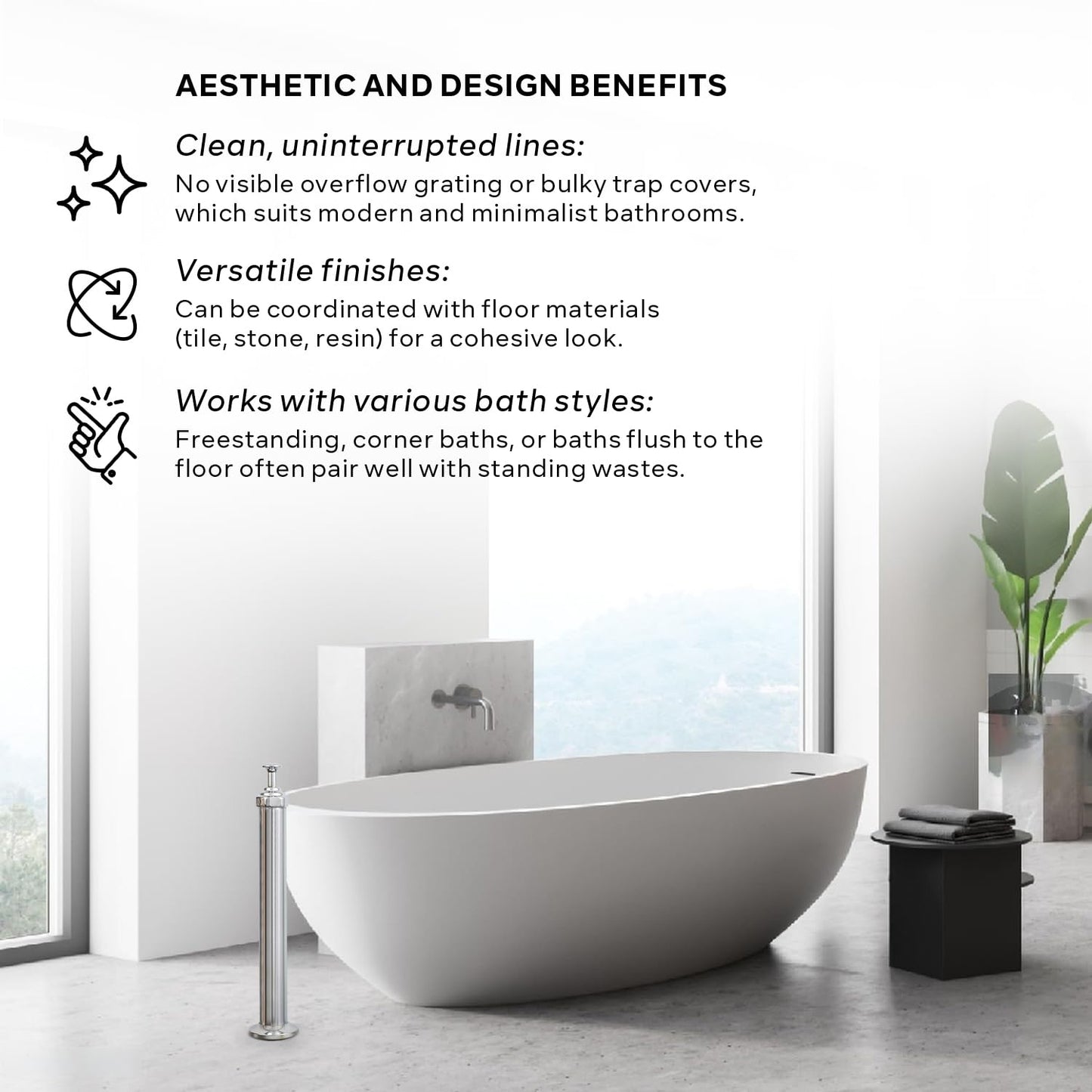 Highcraft 1-1/2" Brass Standing Bath Waste & Overflow Combination Male & Female, 19" Brass Tube