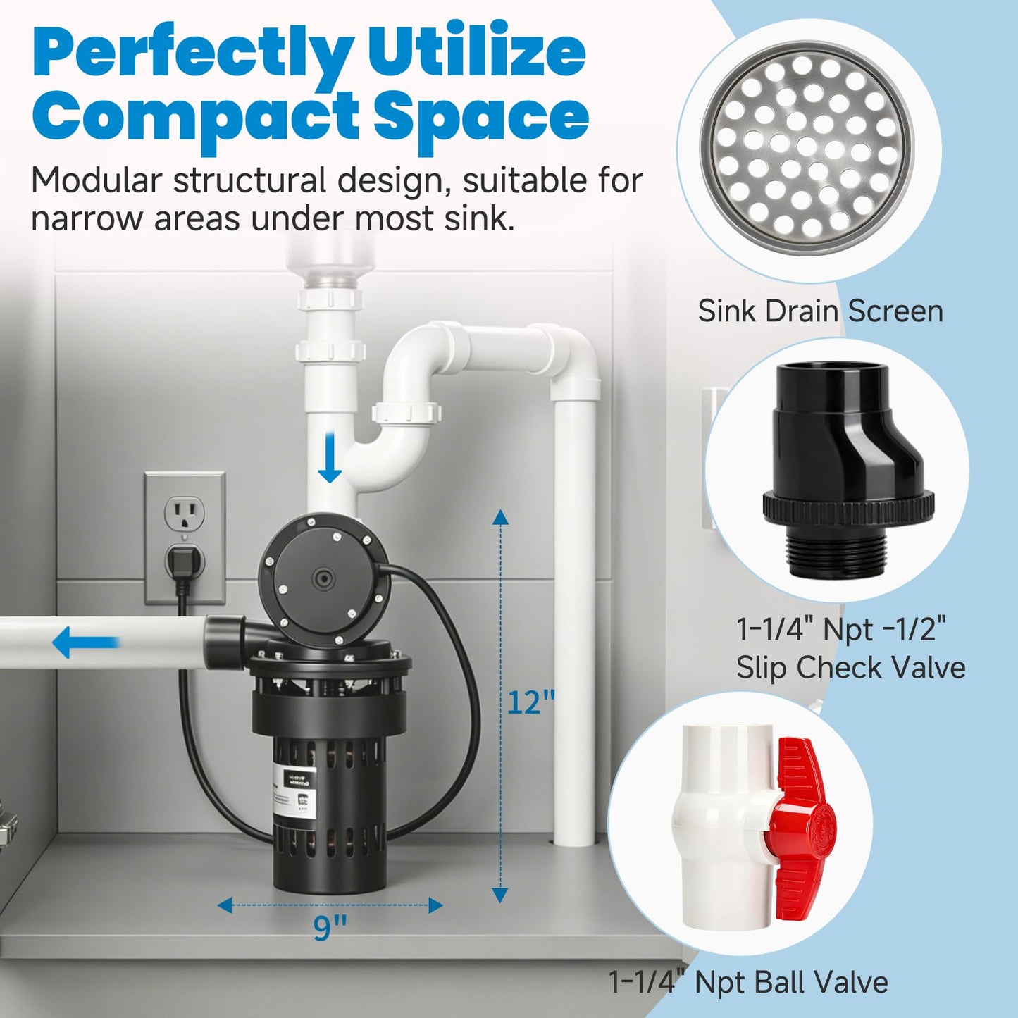 Automatic Utility Sink Drain Pump Directly Installed Under the Sink for Laundry & Basement, 1/3 HP Gravity Free Drainage Sink Pump with Drainage Filter Screen & Check Valve & Ball Valve