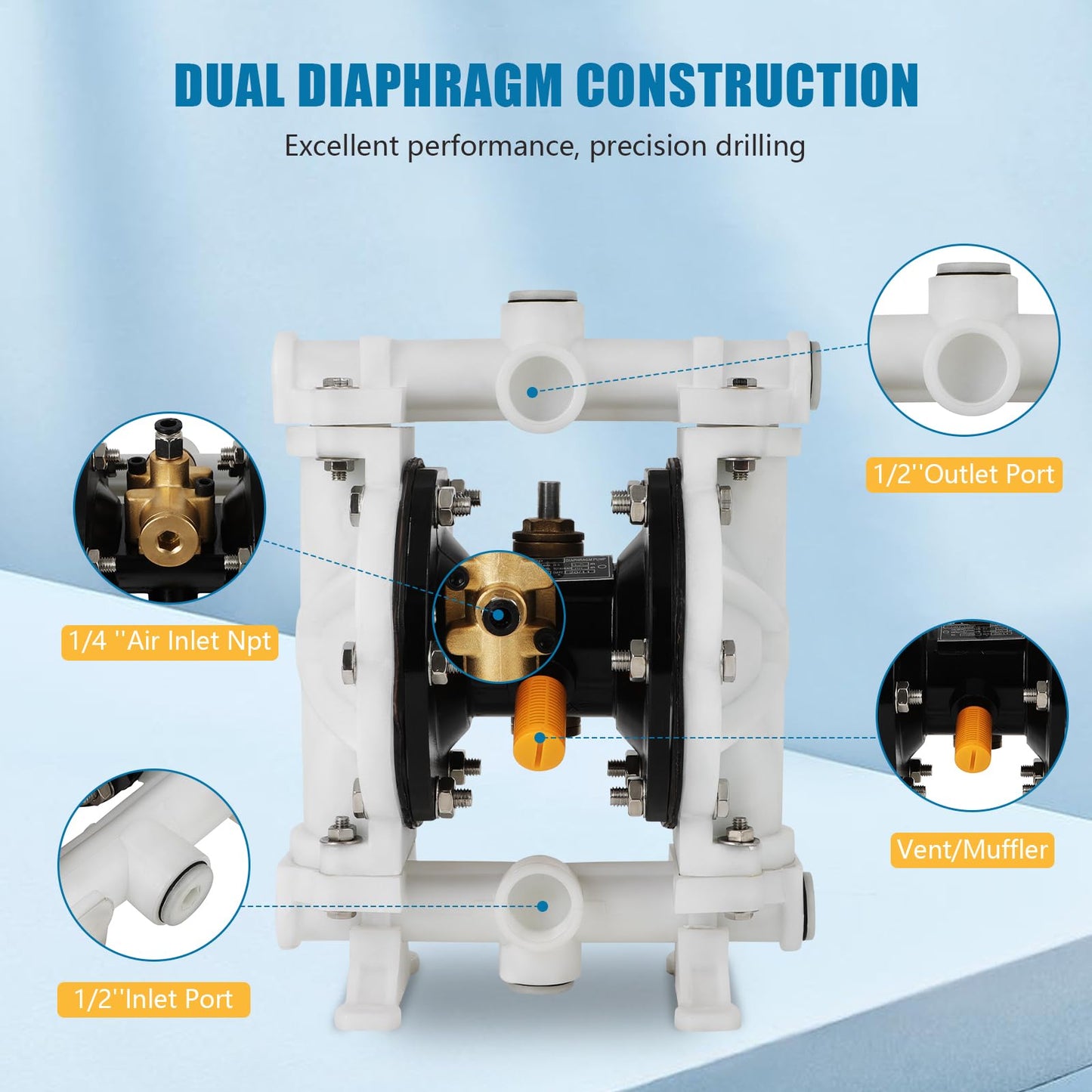 Air-Operated Double Diaphragm Pump, Pneumatic Waste Oil Transfer Pump for Chemicals, Polypropylene, Nitrile Rubber, and Stainless Steel (1/2 Inch Inlet)