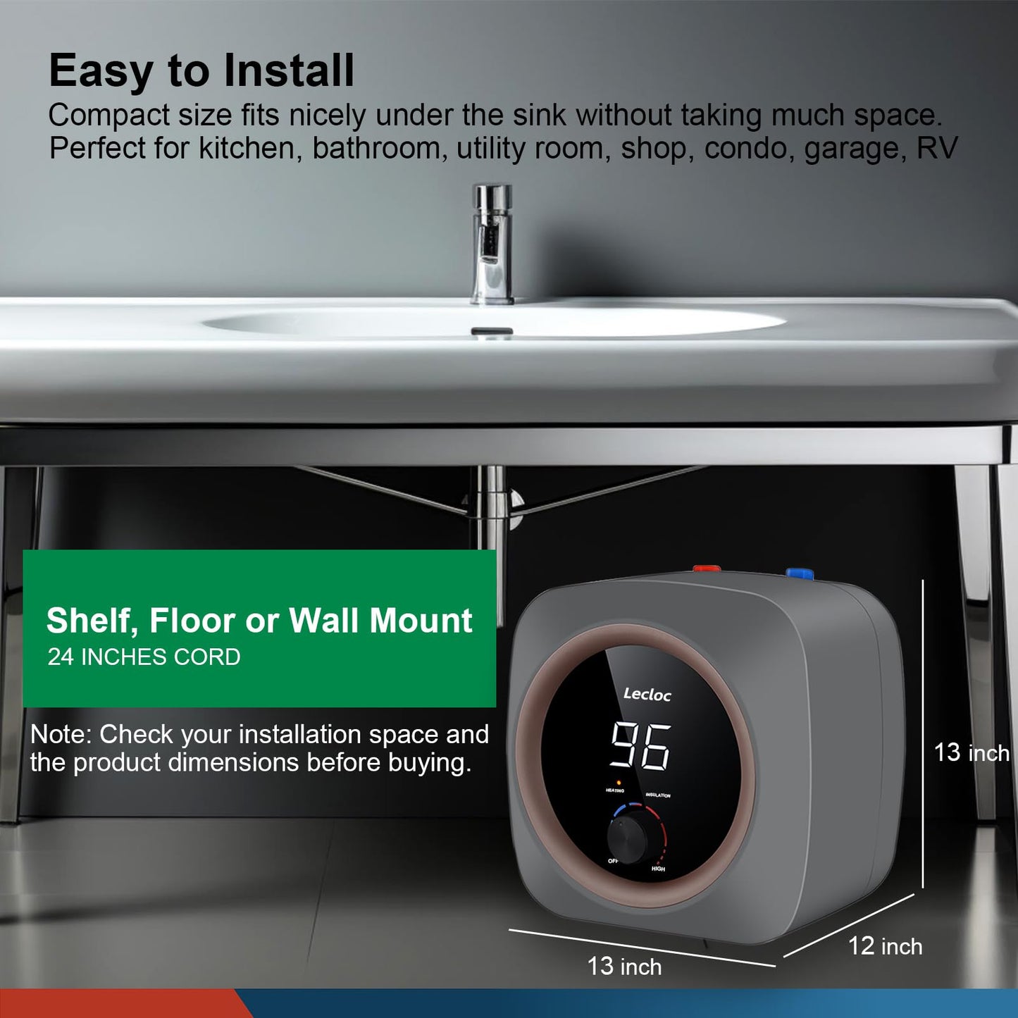 2.5 Gallon Under Sink Hot Water Heater 304 Stainless Steel Mini Tank, Large LED Temp. Display and Knob, Overheat Cut-Out with Auto Reset, IPX4, Instant Water Heater Electric 120V Plug-In, Modern Gray