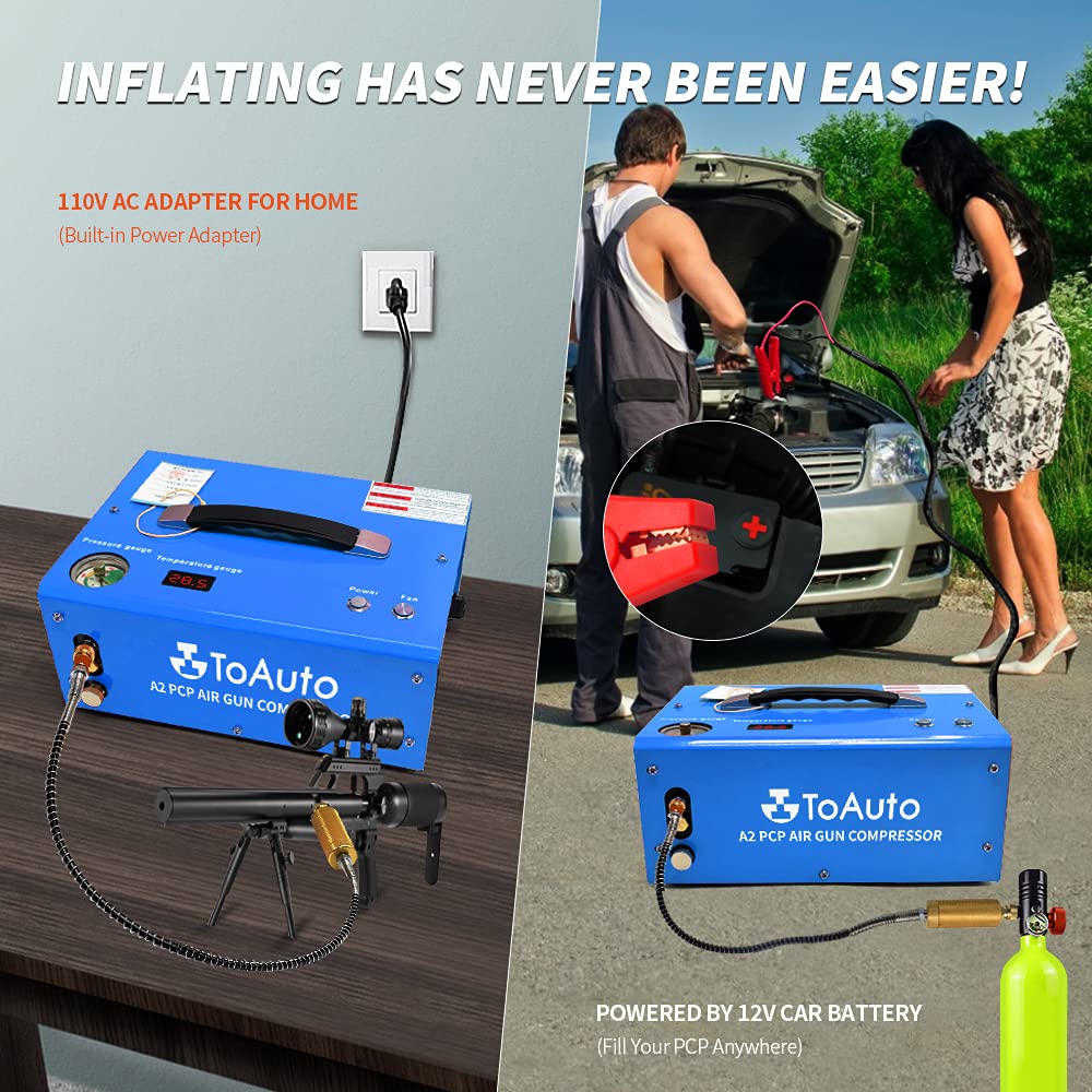 TOAUTO A2 PCP Air Compressor, Auto-Stop, Portable 4500Psi/30Mpa, Oil/Water-Free, 8MM Quick-Connector HPA Compressor for Paintball/PCP Air Rifle/Scuba Tank, Powered by Home 110V AC or 12V Car DC（Blue）