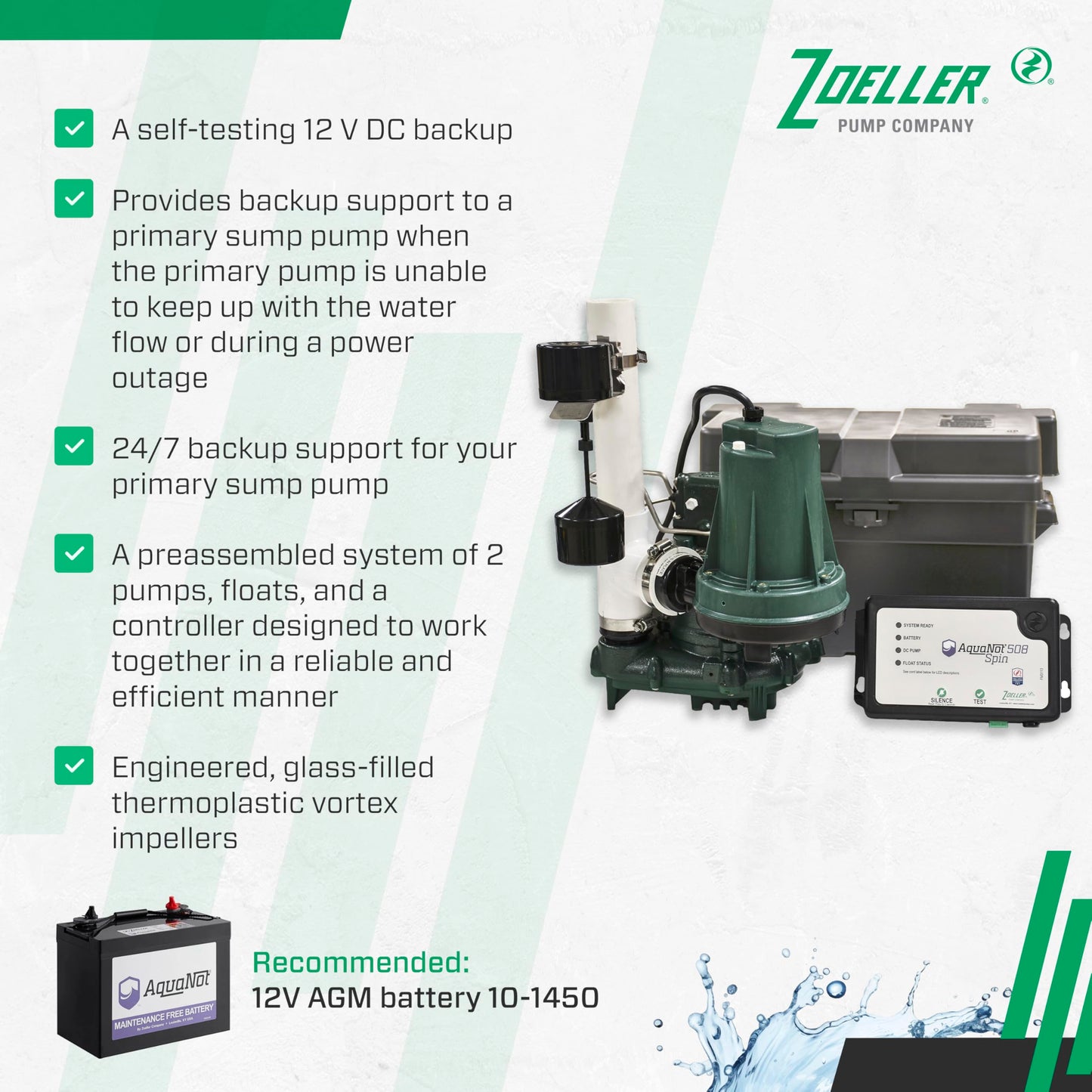 Zoeller 508-0006 AquaNot Spin 508 ProPak – Complete Sump Pump System with M53 Primary Pump & 12 V Battery Backup, Self-Testing, Check Valve & Float Switch - Basement Flood Protection