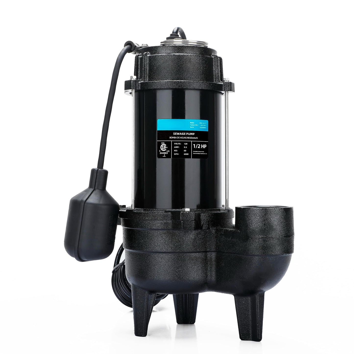 LEO 1/2 HP Sewage/Effluent Pump, 6000 GPH Submersible Basement Sewer Pump with 10ft Auto Float Switch, Cast Iron Sump Ejector, 2'' NPT for Sewage Basin, 115V