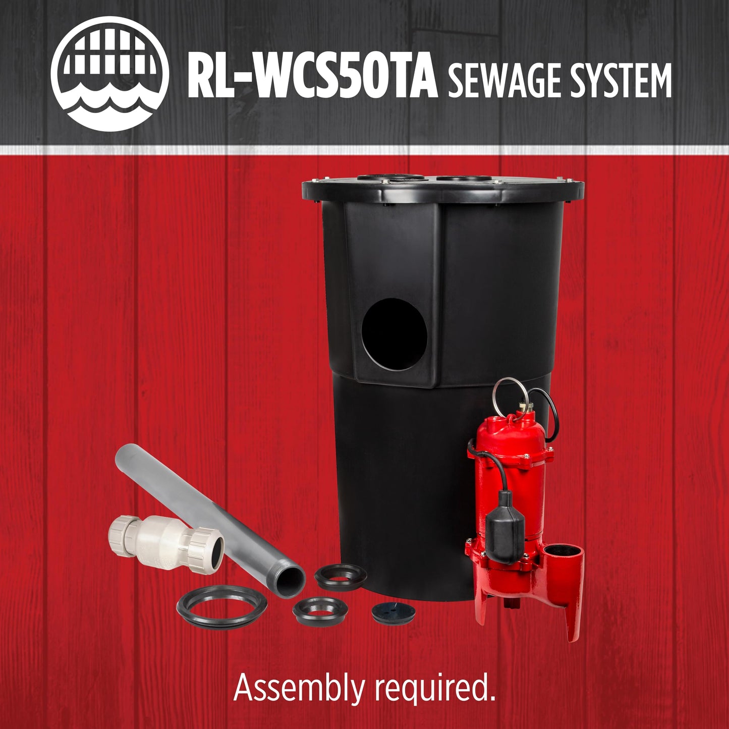 Red Lion RL-WCS50TA 115 Volt, 1/2 HP, 5600 GPH Automatic Sewage System with Cast Iron Pump and 18-inch x 30-inch Basin, Red/Black, 14942749