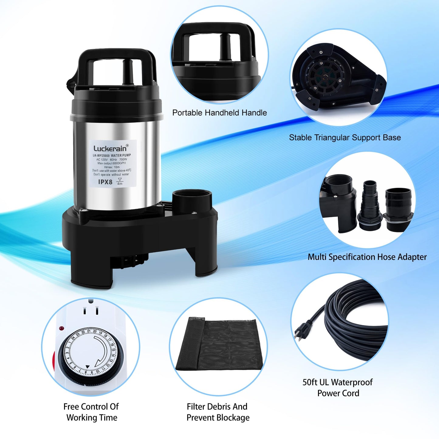 Sump Pump 1HP Stainless Steel Sewage Pump 6500 GPH Pond Pumps for Outdoor Ponds,Free Control Timer Submersible Pump for Pool,Sump Basin,Basement and Outdoor Drainage, 50ft Cord,2'' NPT Discharge