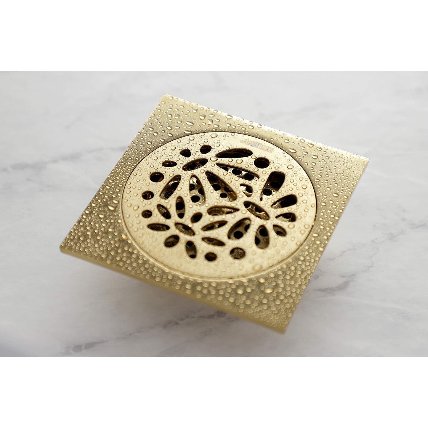 Floral 4" Brass Square Grid Shower Drain with Hair Strainer, Brushed Brass