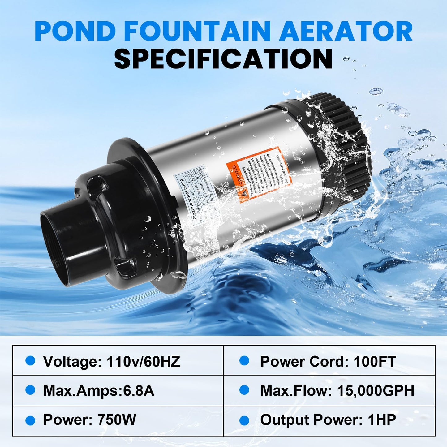 15000 GPH Pond Fountain Aerator-110V Fully Automatic 750W (1HP) Fountain and Pond Aerator. Pond Fountain with 100 ft Power Cord. (Stainless Steel)