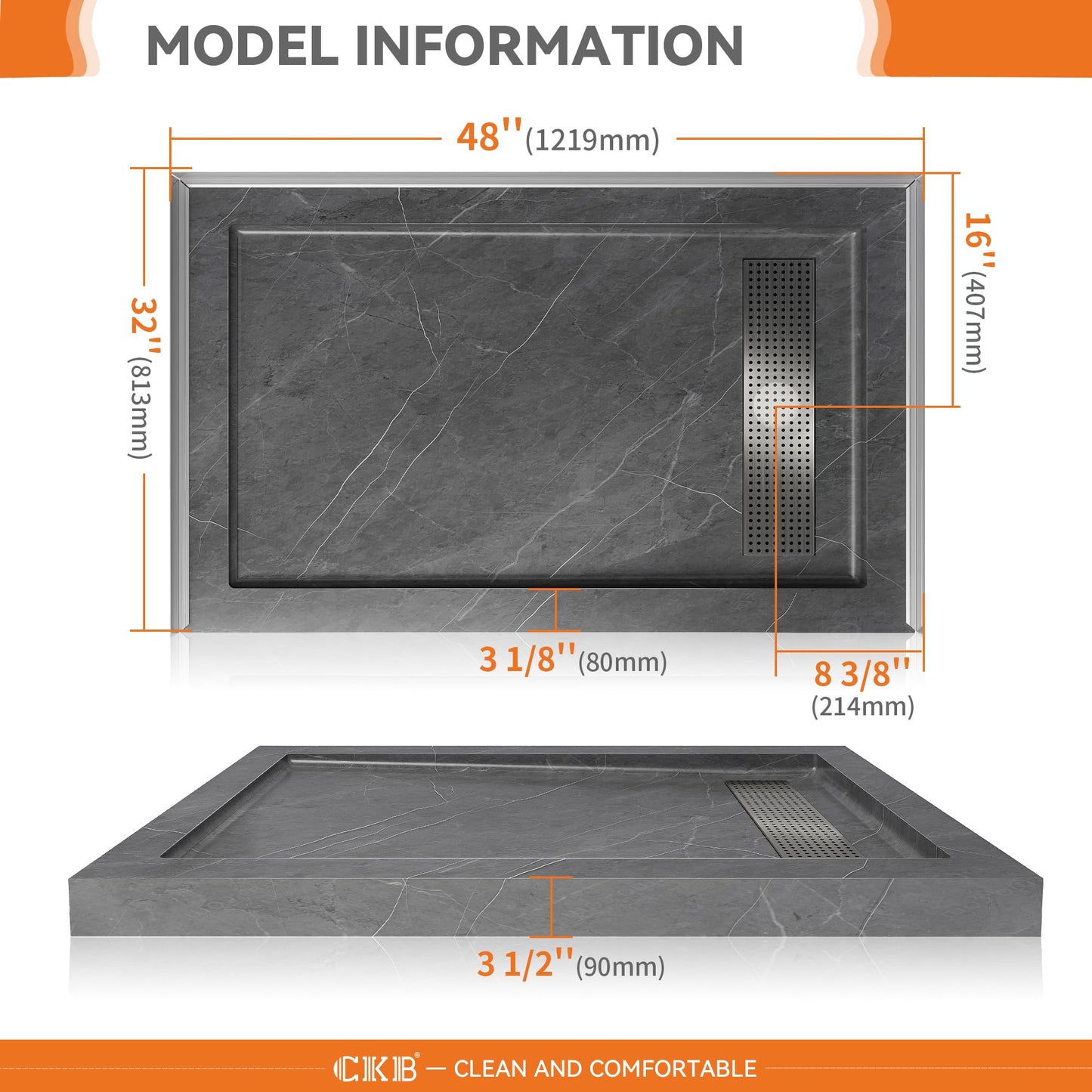 CKB 48 in x 32 in Shower Base, with Linear Drain Cover and Reversible Drain, Pre-Sloped Acrylic and Fiberglass Shower Pan with Removable Flanges, Gray Marble Look