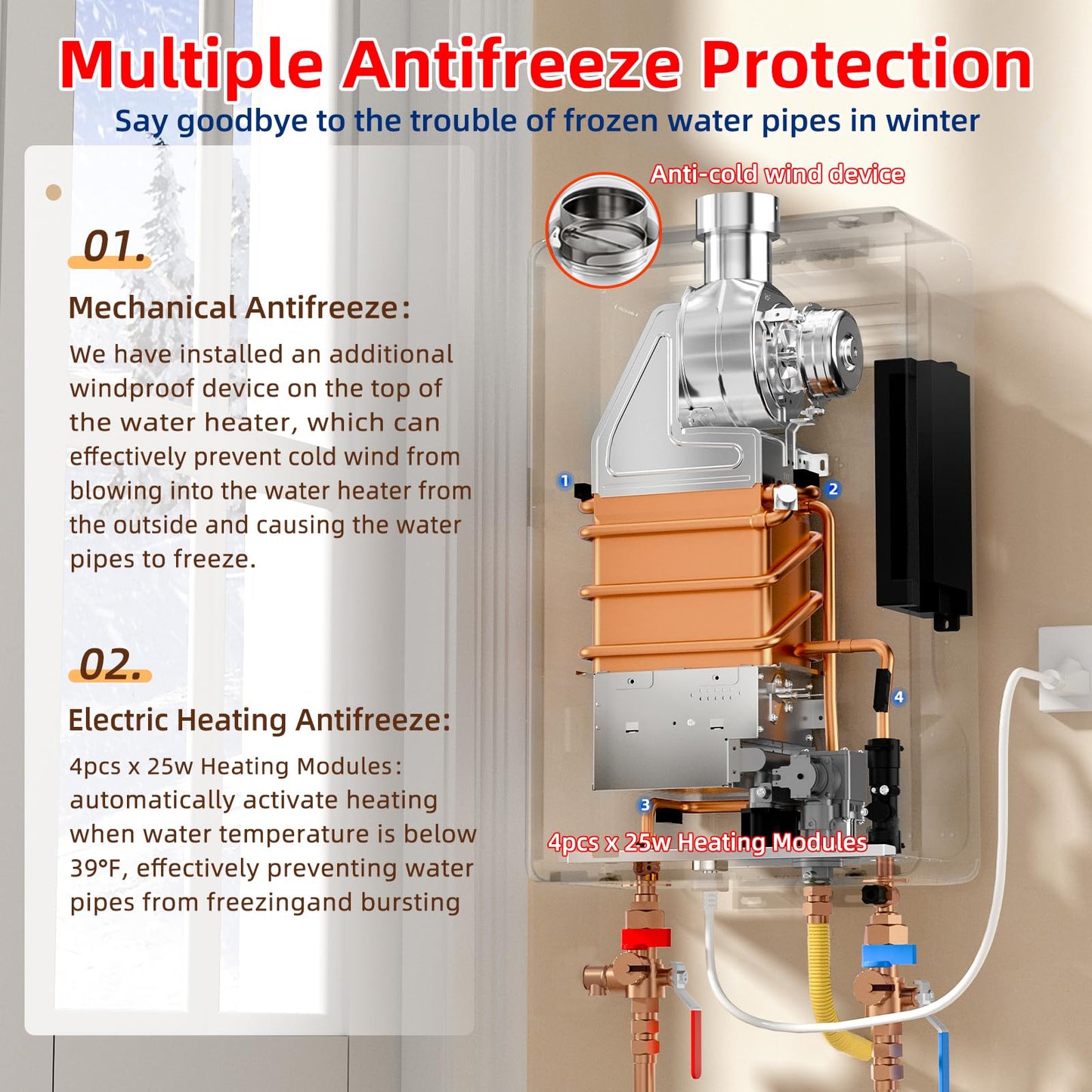 RIWORY 85000 BTU Natural Gas Tankless Water Heater, Max 3.6 GPM, Intelligent Constant Indoor Gas On Demand Water Heater with Freeze Protection, 3/4" NPT, for 2-3 Water Points