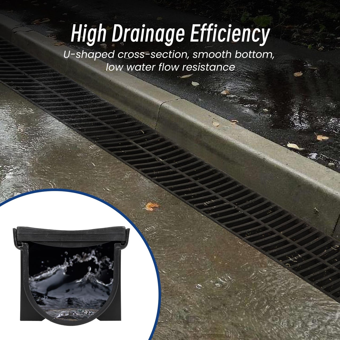 Trench Drain System with Plastic Grate, 6 Pack 5.9x5.1 Inch HDPE Channel Drain, Outdoor Trench Drainage for Driveway, Swiming Pool, Garden, Effortless Installation, Black
