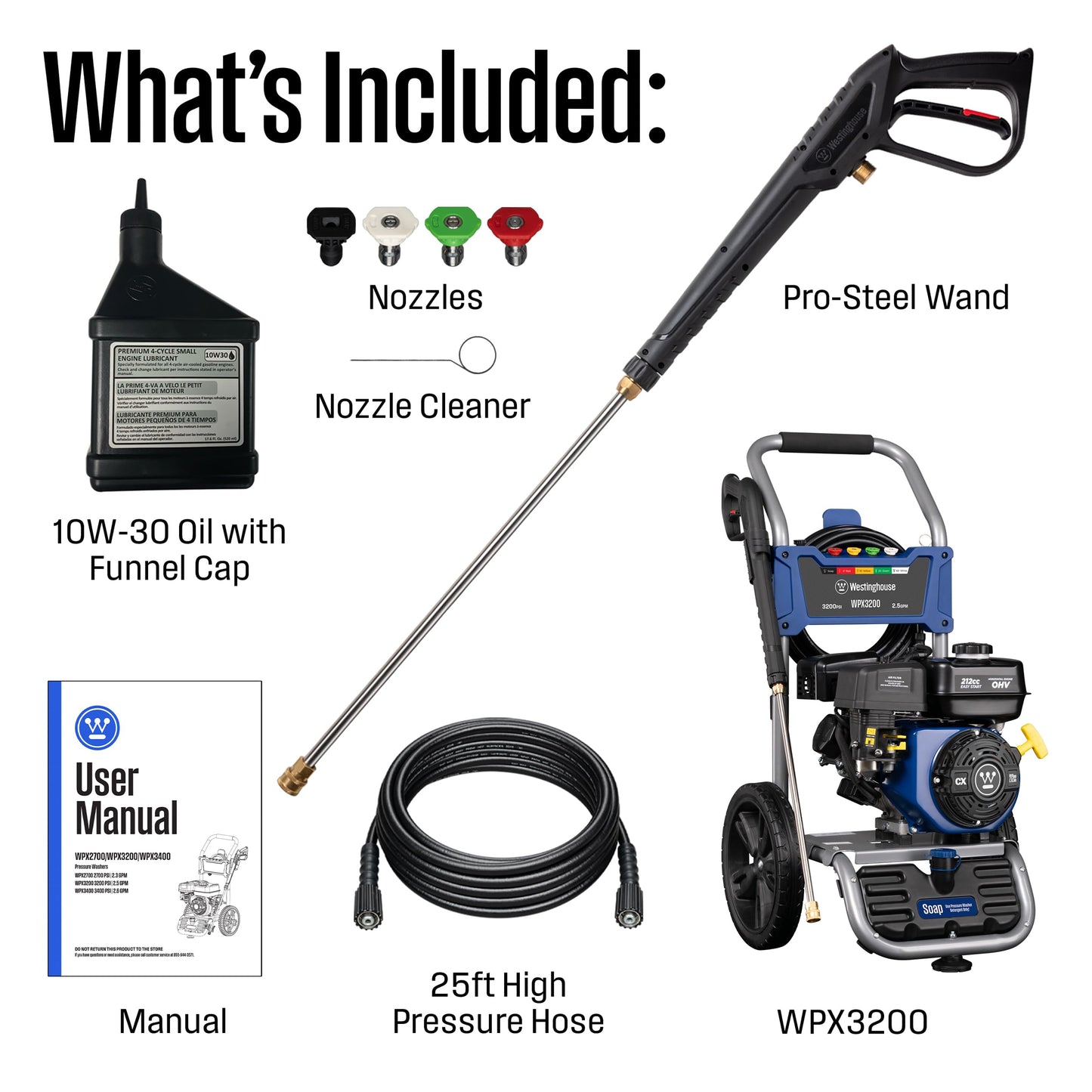 Westinghouse WPX3200 Gas Pressure Washer, 3200 PSI and 2.5 GPM, Onboard Soap Tank, Spray Gun and Wand, 5 Nozzle Set, for Cars/Fences/Driveways/Homes/Patios/Furniture