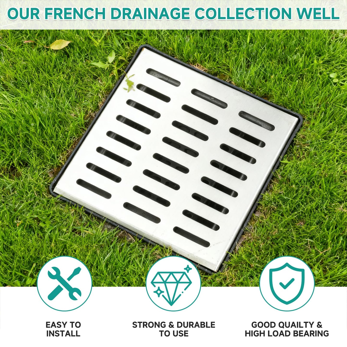 tonchean Catch Basin with Stainless Steel Grate, 18x18x15 in. Large Drainage Basin with Debris Basket, French Drain Without Reserved Hole for Yard, Downspout, Lawn, Municipal Pipeline