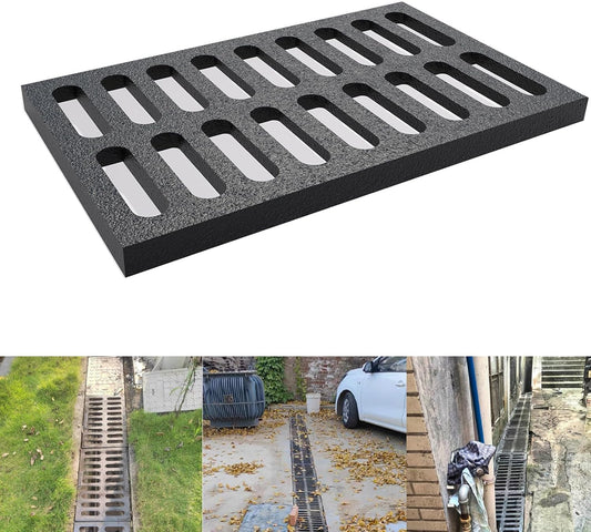 Cast Iron Drain Grate, 29.5in*17.7in Outdoor Drain Cover, B125 Class Ductile Iron Channel Drainage Grates, Heavy Duty Sewer Grate,Black Rectangle Drain Grate for Yard,Driveway,Concrete Floor.