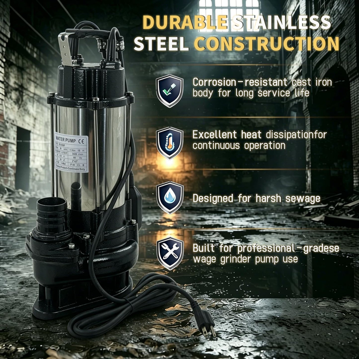 Submersible Sewage Sump Pump, 3/4HP 115V, 6868 GPH Stainless steel Sewage Pump Automatic Float Switch, 2'' NPT Discharge, 10FT Cable for Basement Sump Basin & Sewage Pit