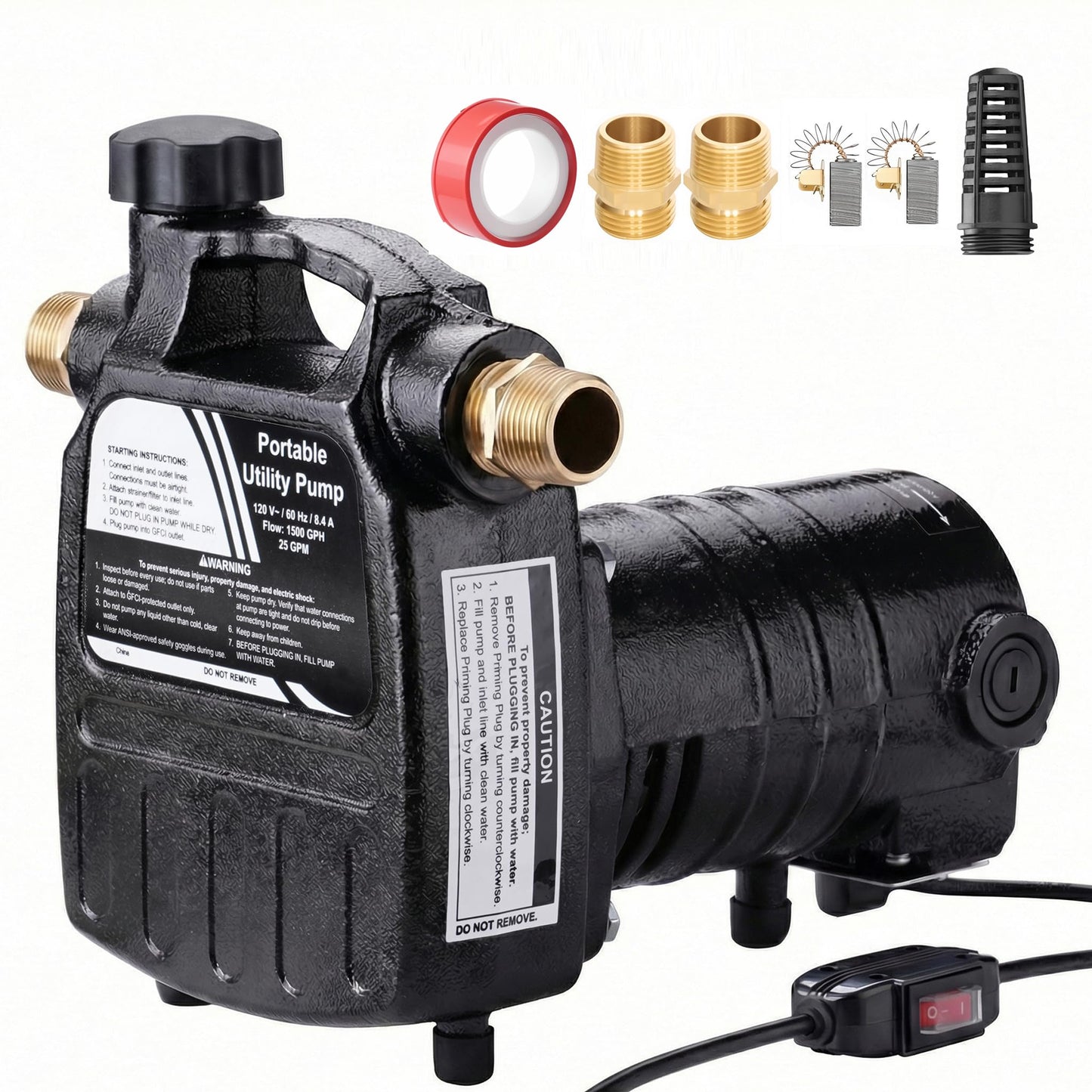 TOPWAY Cast Iron Water Transfer Pump, 115V 1/2HP 1500 GPH Portable High Pressure Electric Utility Water Pump with ON/OFF Switch, for Garden, Rain Barrel, Pool, Pond, Hot Tub, Aquarium Draining