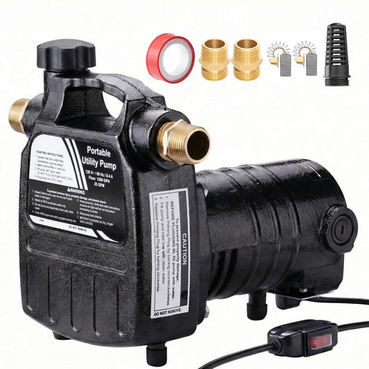 TOPWAY Cast Iron Water Transfer Pump, 115V 1/2HP 1500 GPH Portable High Pressure Electric Utility Water Pump with ON/OFF Switch, for Garden, Rain Barrel, Pool, Pond, Hot Tub, Aquarium Draining