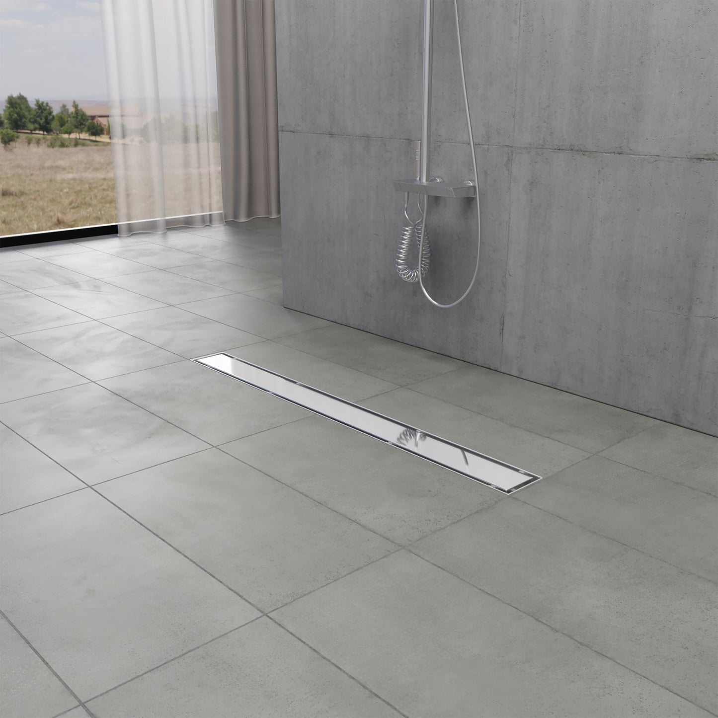 Kingston Brass BSFK2821 Watercourse 28" Stainless Steel Linear Shower Drain with Reversible Tile Insert and Flat Grate, Drain with Base Flange and Hair Strainer, Polished Chrome