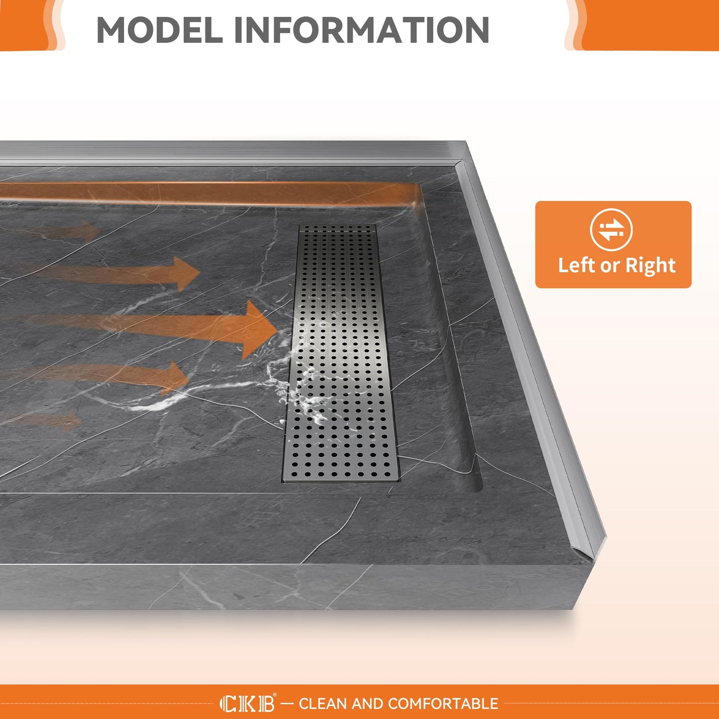 CKB 48 in x 32 in Shower Base, with Linear Drain Cover and Reversible Drain, Pre-Sloped Acrylic and Fiberglass Shower Pan with Removable Flanges, Gray Marble Look