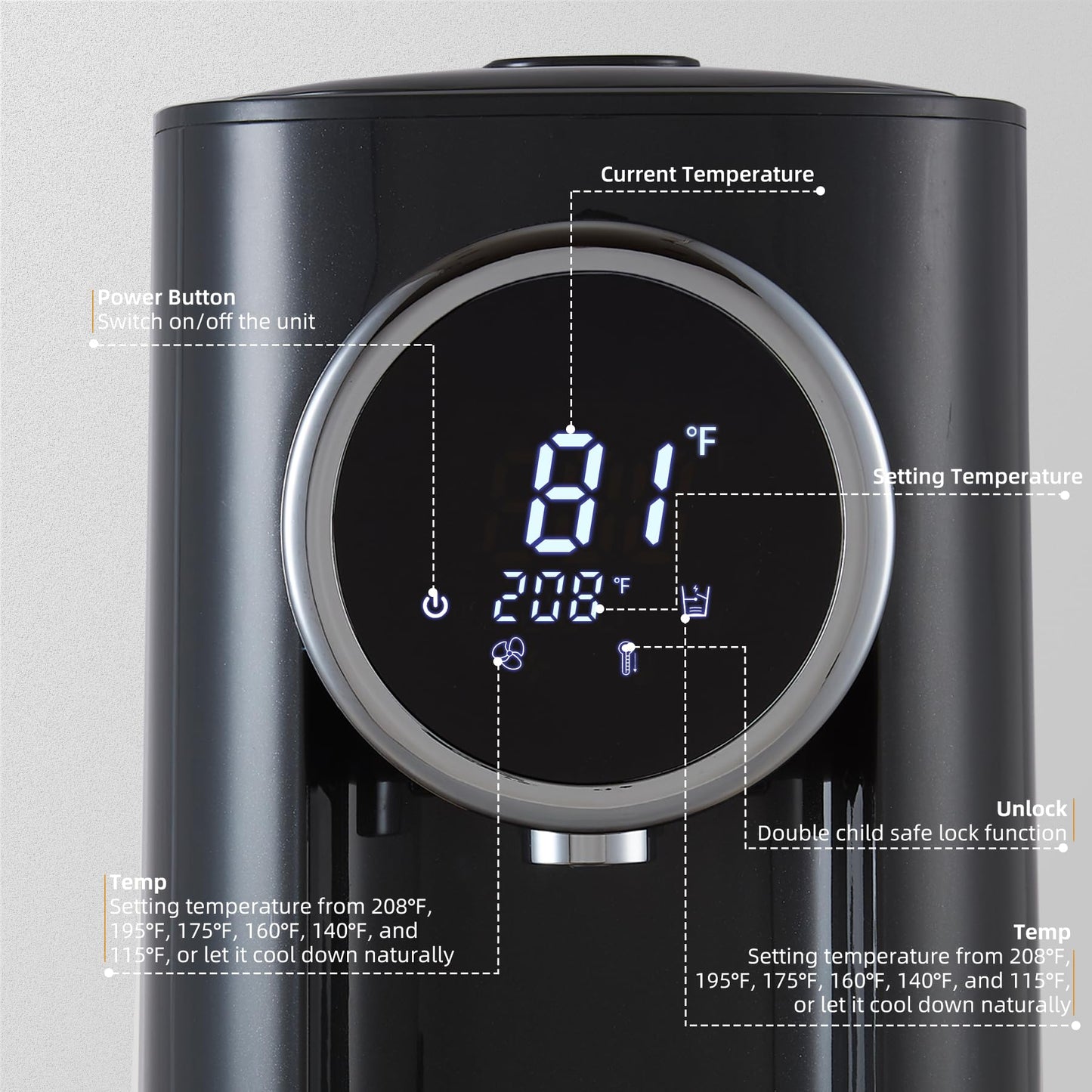 OCTAVO Water Boiler & Warmer 5 Liter, 304 Stainless Steel Water Tank, 700 Watt 6 Adjustable Water Temperature, LCD Touch Control Screen, Child Lock with Water Shortage Indicator