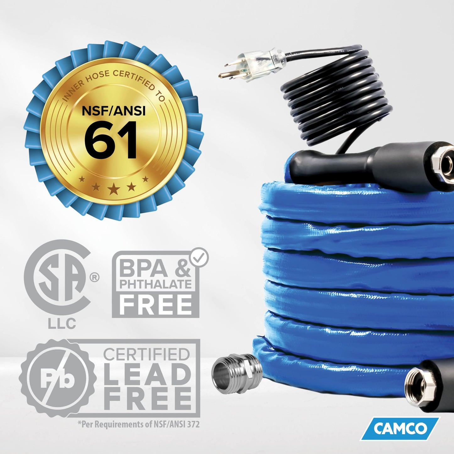Camco 50 Feet Heated Drinking Water Hose, Freeze Protection to -40°F/C – Self-Regulating Insulated Cable, Lead- and BPA-Free, Heavy-Duty Exterior, Thermostat Control – RV, Camper, Farm or Outdoor Use