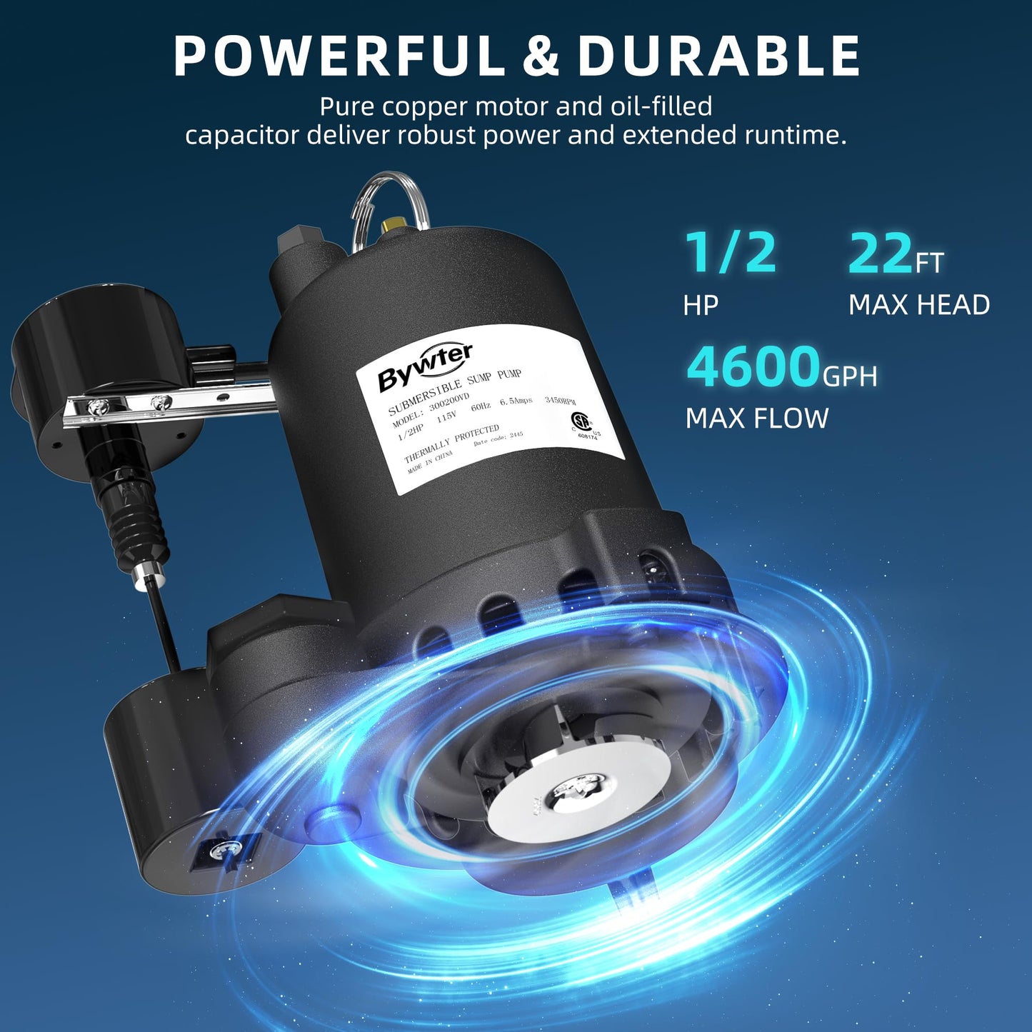 BYWTER 1/2 HP Sump Pump, 4600 GPH High Flow, 22 FT Lift, 115V Cast Iron Sewage Pump with Built-in Vertical Float Switch, Heavy Duty Sewage/Effluent Pump for Basement, 10 FT Power Cord