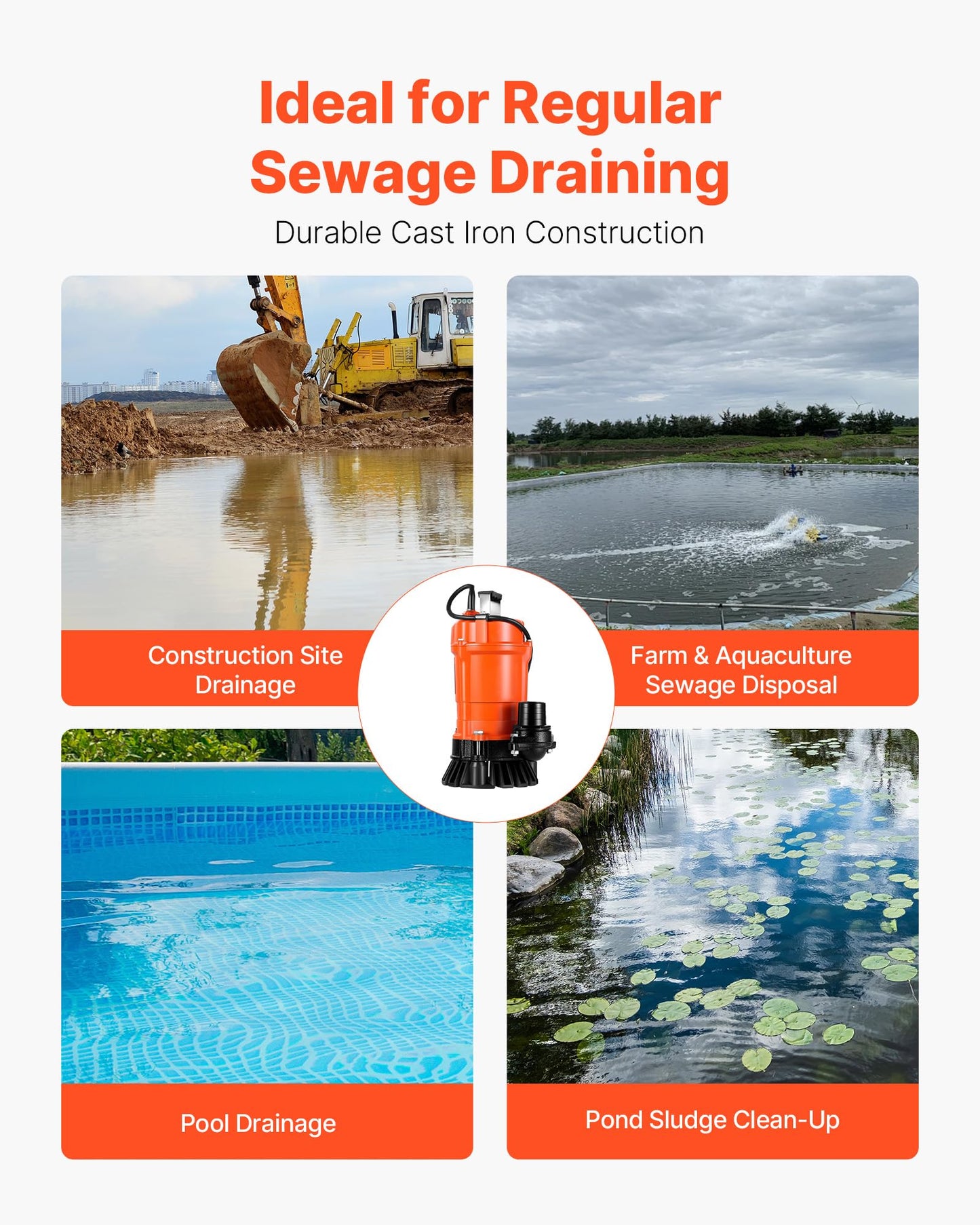 VEVOR 1/2 HP Submersible Trash Pump, 2000 GPH, 120V Cast Iron Submersible Sump Sewage Pump with 2 in Discharge, 39 ft Max Lift, Drain Dirty Clean Water, for Pools, Garden, Pond, Basement, Flooded Area