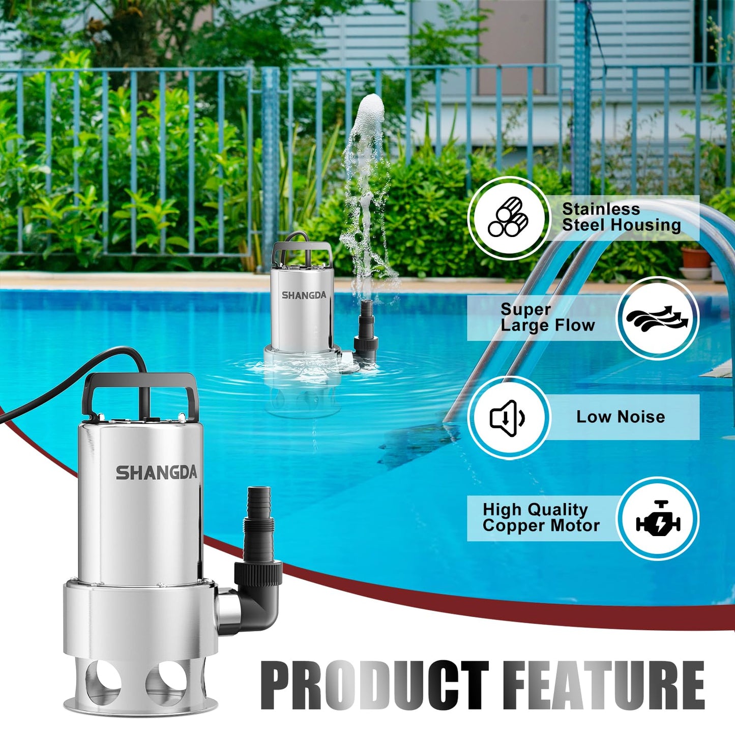 SHANGDA Sump Pump Submersible 1HP Dirty/Clean Water Transfer Pump 4500GPH Portable Electric Water Pump for Pool Draining Hot Tub Flooded Basement Ponds Garden Yard with Adapters