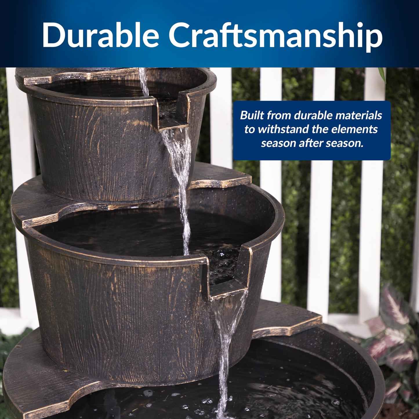 Alpine Corporation 40" Tall Outdoor Floor Tiered Rustic Pump and Barrel Water Fountain, Old-Fashioned Waterfall for Garden, Patio, Yard Decor, Dark Brown