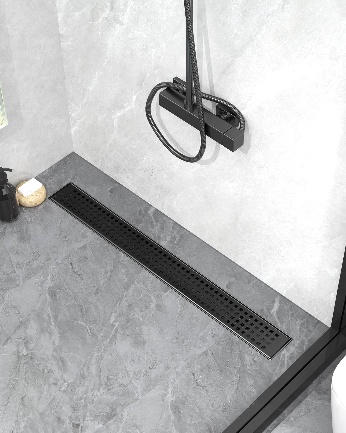 HTOH Shower Drain Offset Outlet for Bathroom: 48-Inch Black Linear Shower Drain with Removable Grate - Modern 304 Stainless Steel Shower Floor Drain Side Outlet with Hair Catcher, Adjustable Feet
