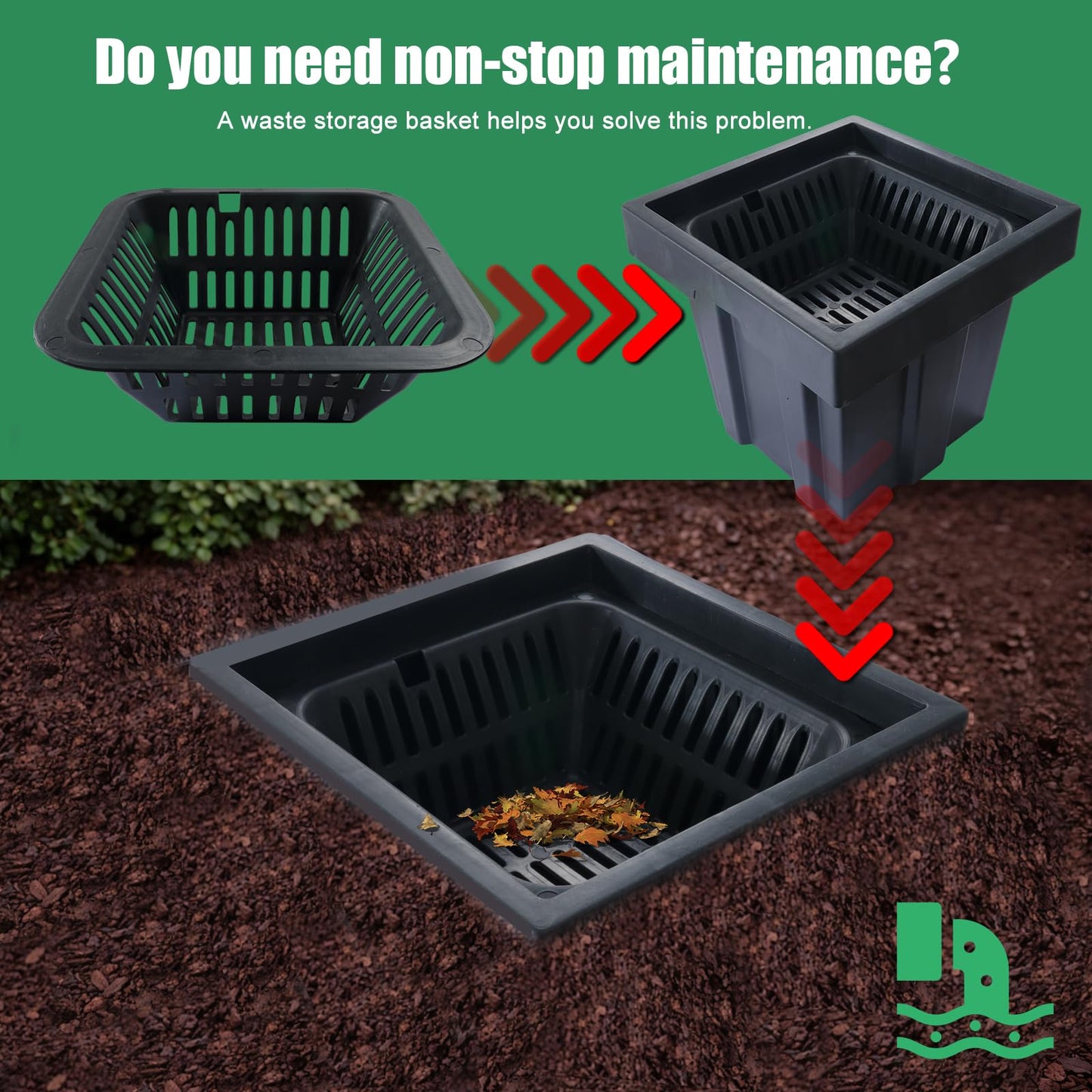 Catch Basin with 304 Stainless Steel Grate,18x18x15in Square Catch Basin for Drainage with Debris Basket, Corrosion Resistant French Drain Basin Without Reserved Hole for Yard, Patio, Downspou, Lawn