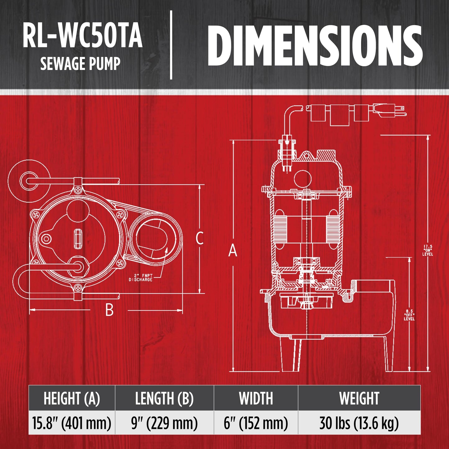 Red Lion RL-WC50TA 115 Volt, 1/2 HP, 5600 GPH Cast Iron Sewage Pump with Tethered Switch and 10-Ft. Cord, Red, 14942748