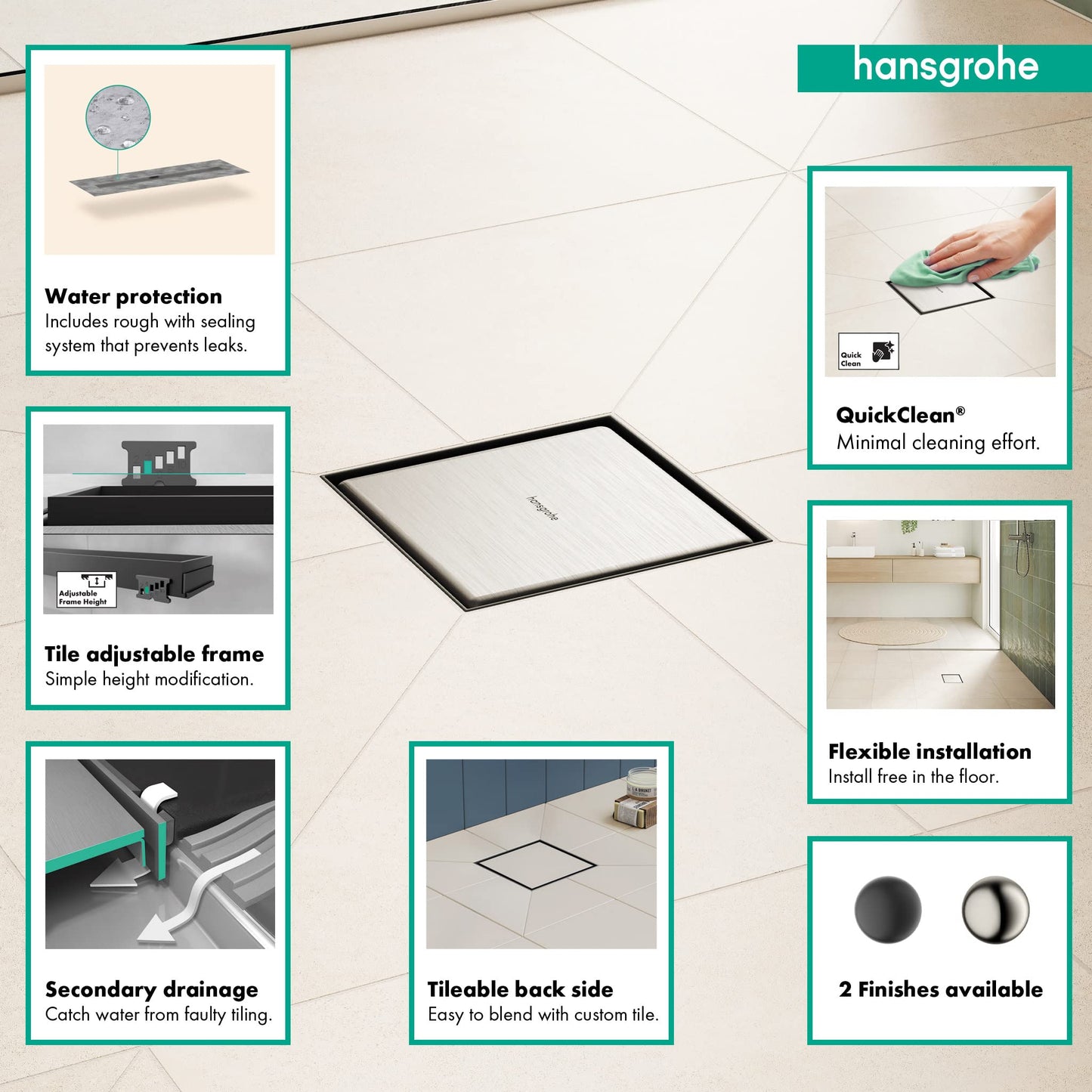 hansgrohe RainDrain Rock Square Shower Drain Set with Rough and in Nature Stone, Stainless Steel Shower Floor Drain
